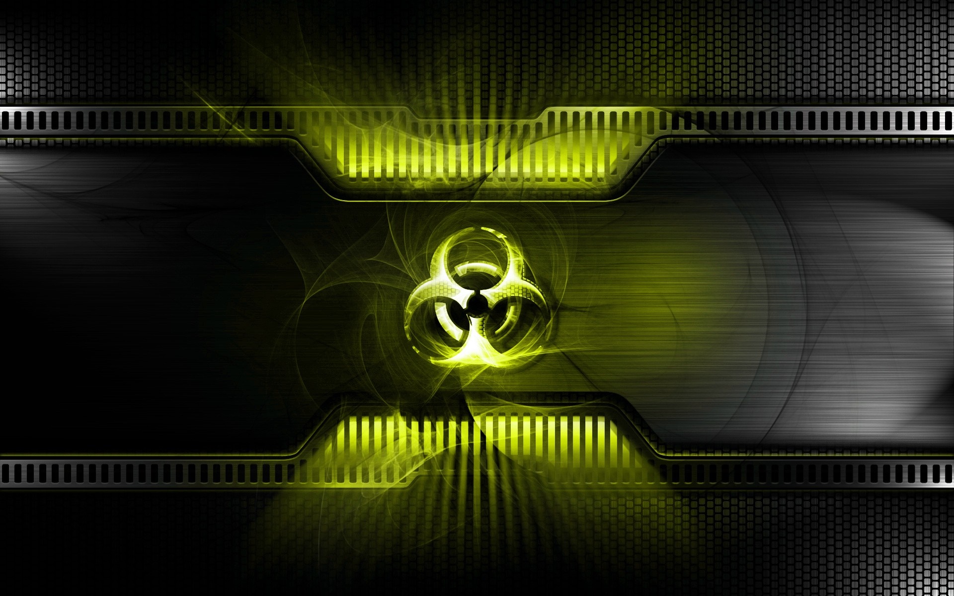 Biohazard symbol on a dark metallic background with green lights HD Wallpaper