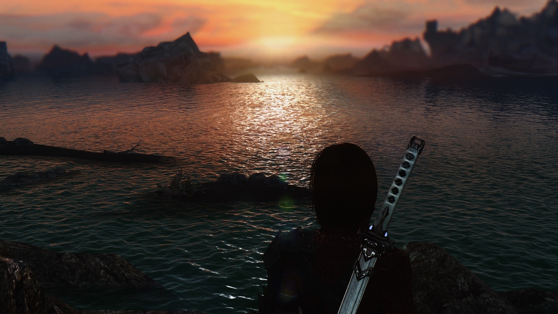 The Elder Scrolls V Skyrim: Woman with sword at sunset HD Wallpaper