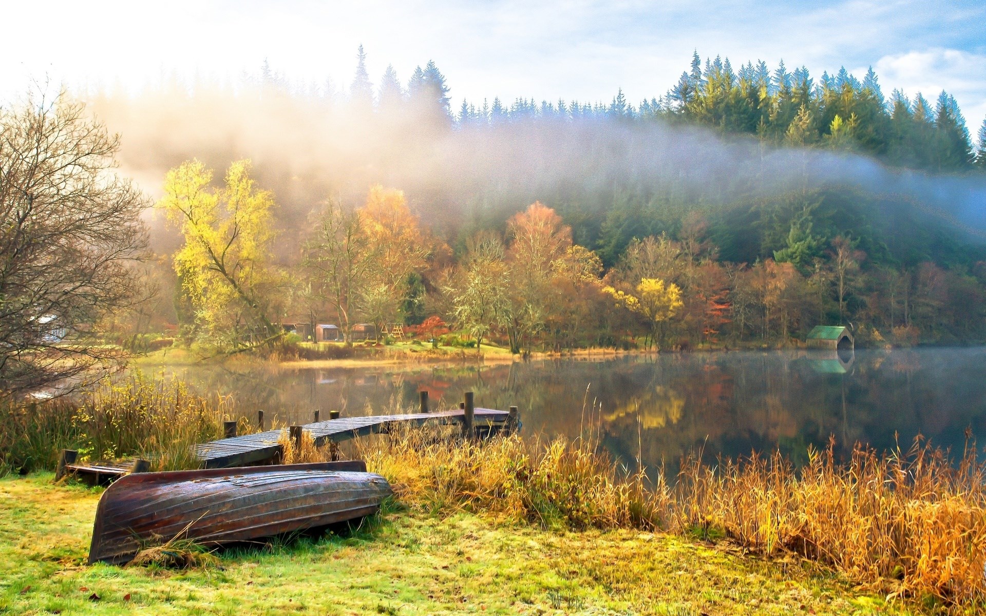 Misty Autumn Lake with Boats and Forest HD Wallpaper