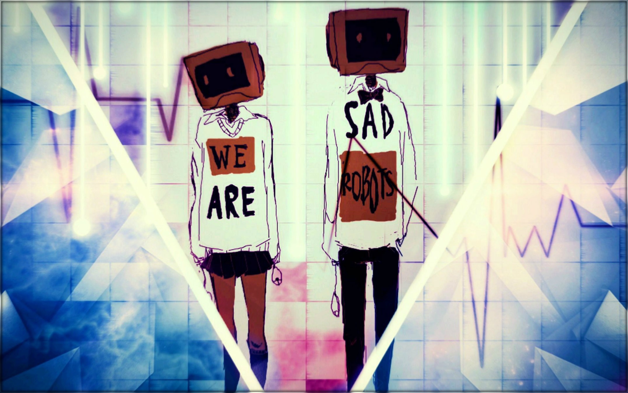 Two robots with screens for heads, one says "WE ARE", the other "SAD ROBOTS" HD Wallpaper