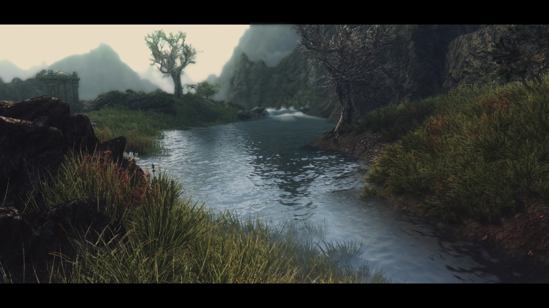 The Elder Scrolls V Skyrim landscape with river and mountains HD Wallpaper