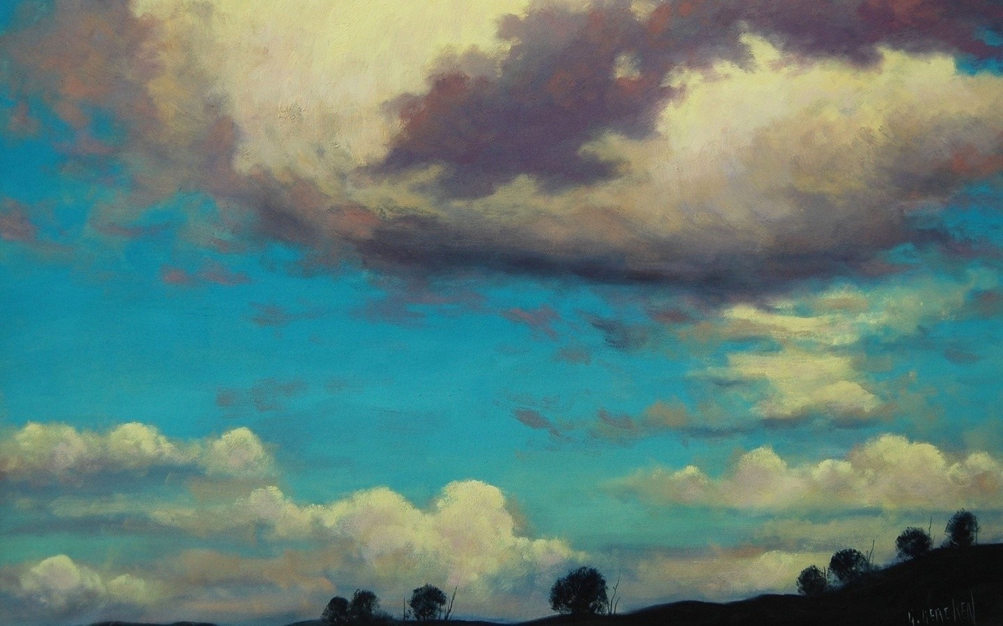 Painting of a dramatic sky with clouds over a silhouetted landscape HD Wallpaper