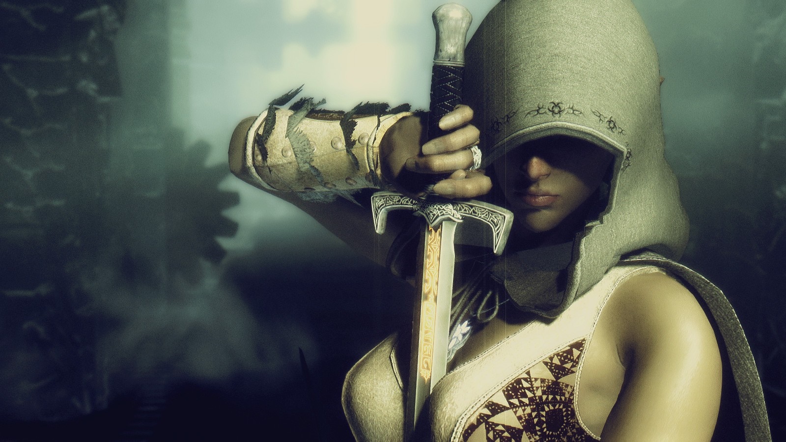 Woman in hood holding a sword HD Wallpaper