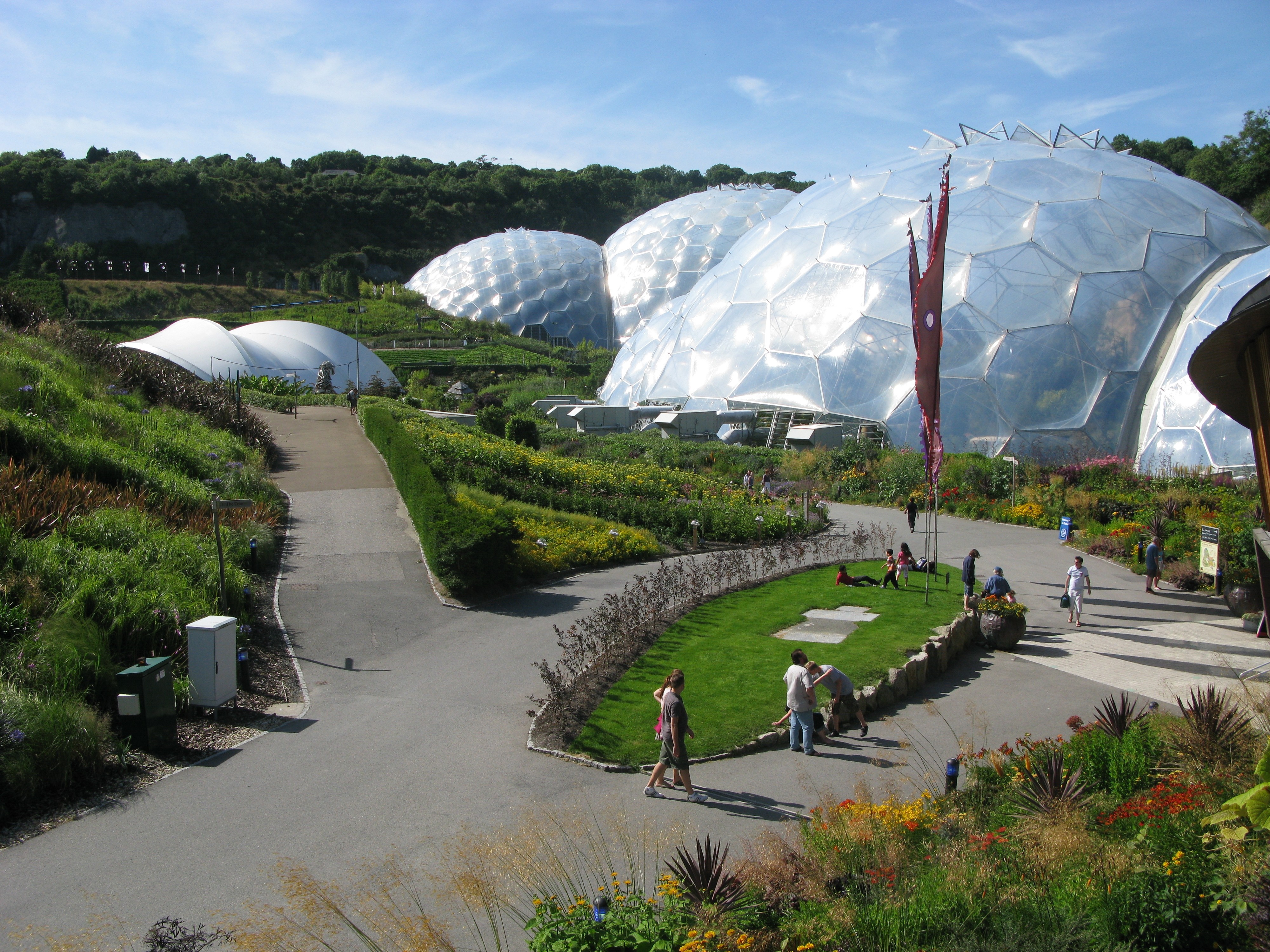 The Eden Project Biomes with people walking on paths HD Wallpaper