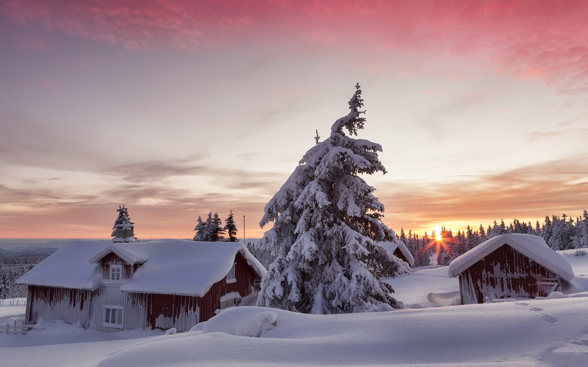Snowy landscape with houses at sunset HD Wallpaper