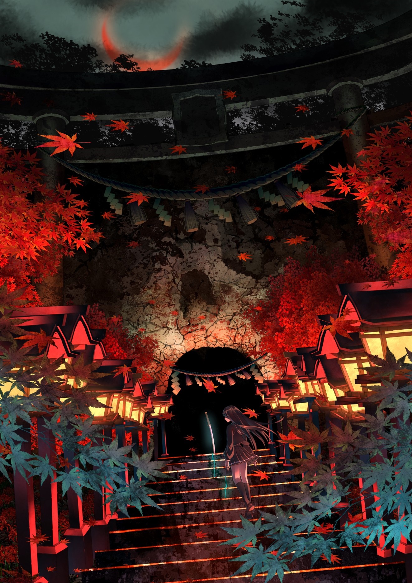 Anime girl with sword at a Japanese shrine at night HD Wallpaper