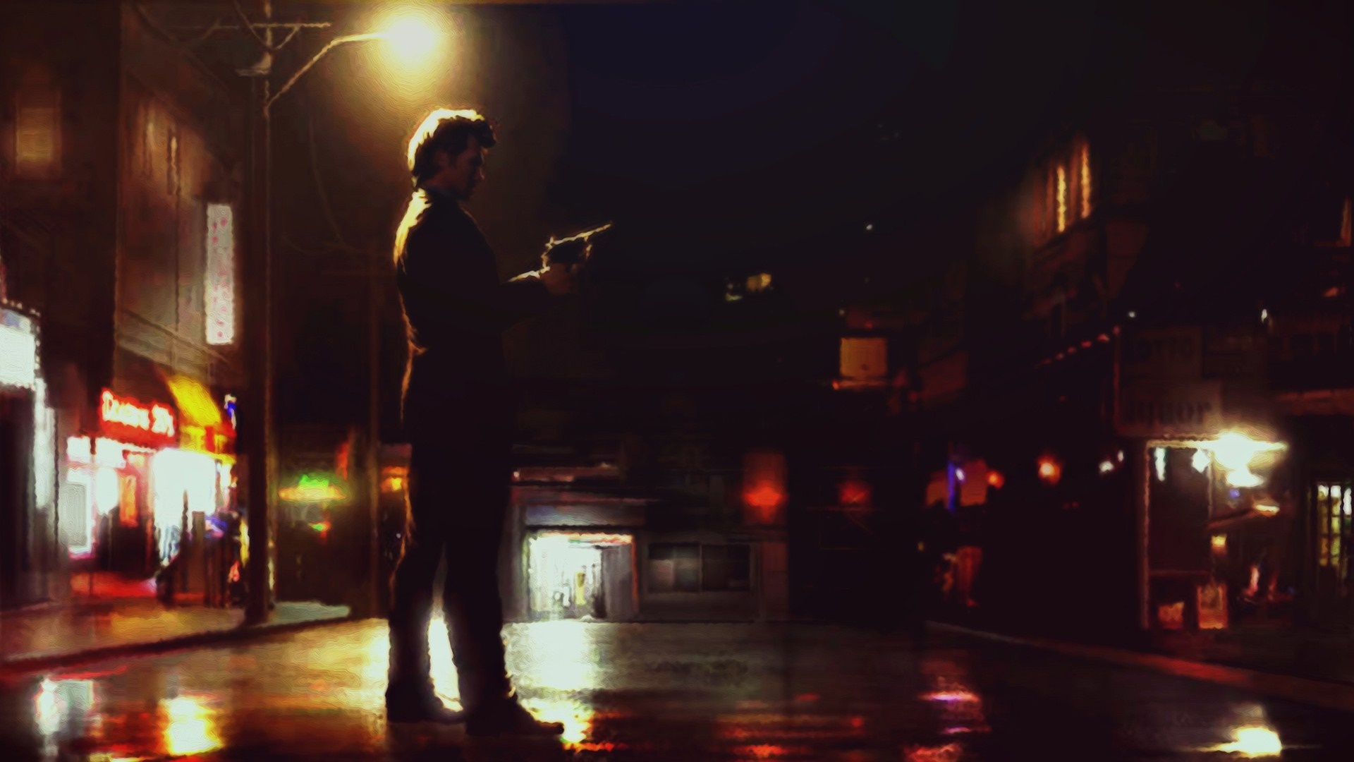 Man holding a gun on a wet street at night HD Wallpaper