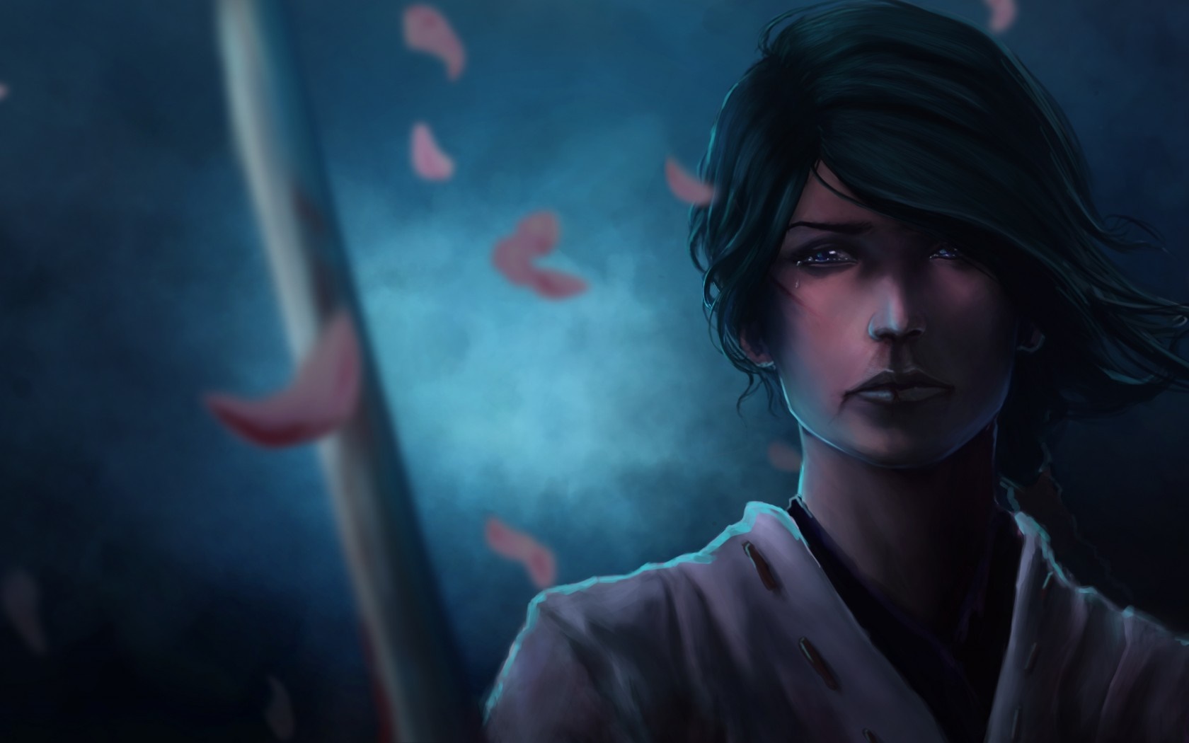 Artwork of a woman with a sword and falling petals HD Wallpaper