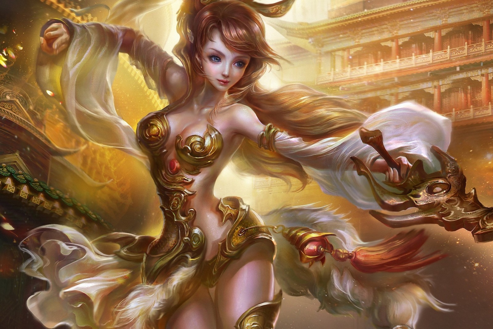 Fantasy woman warrior with dragon sword and ornate armor HD Wallpaper