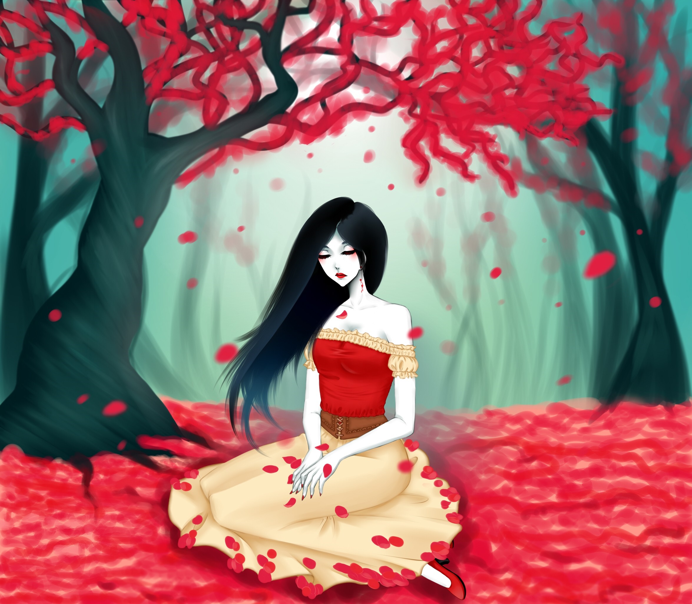 Anime woman sitting in a forest with red flowers HD Wallpaper