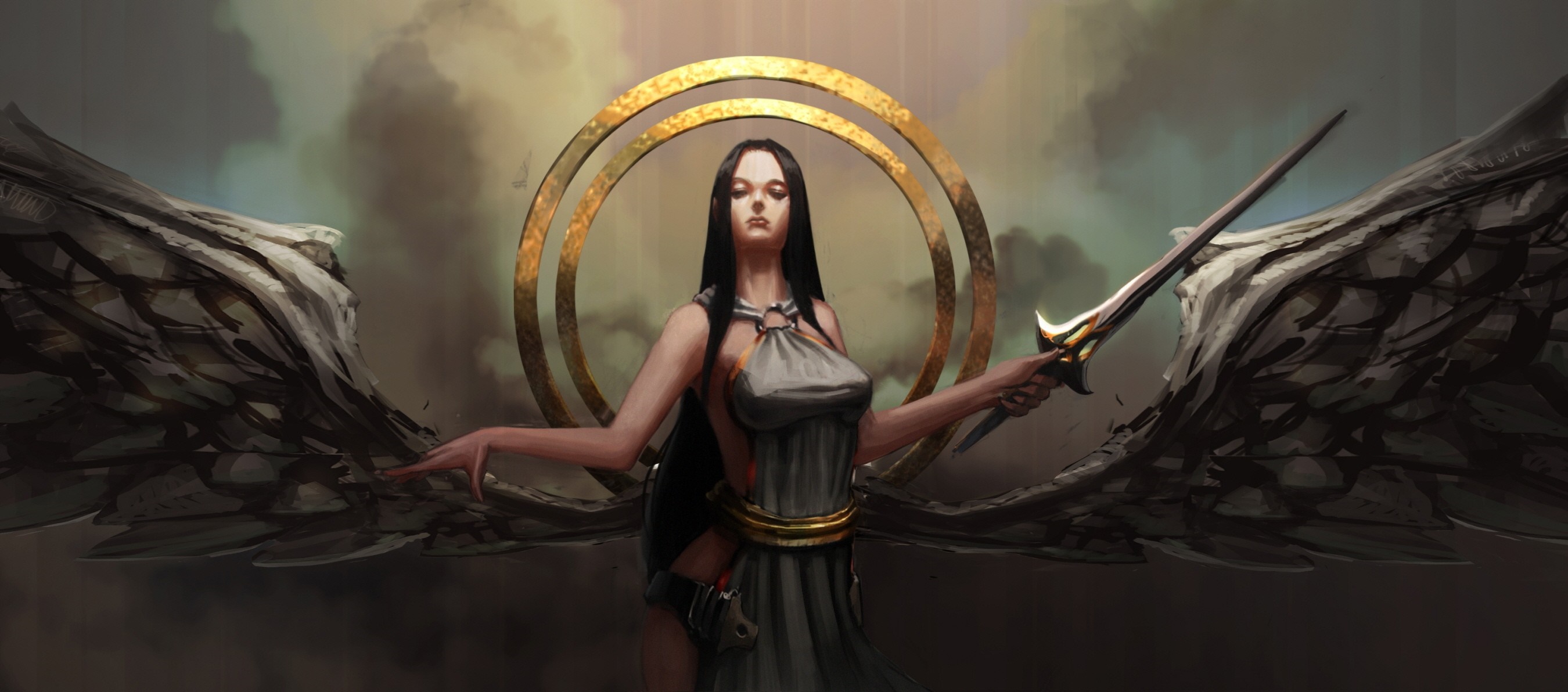 Fantasy art of a winged woman warrior with a sword HD Wallpaper