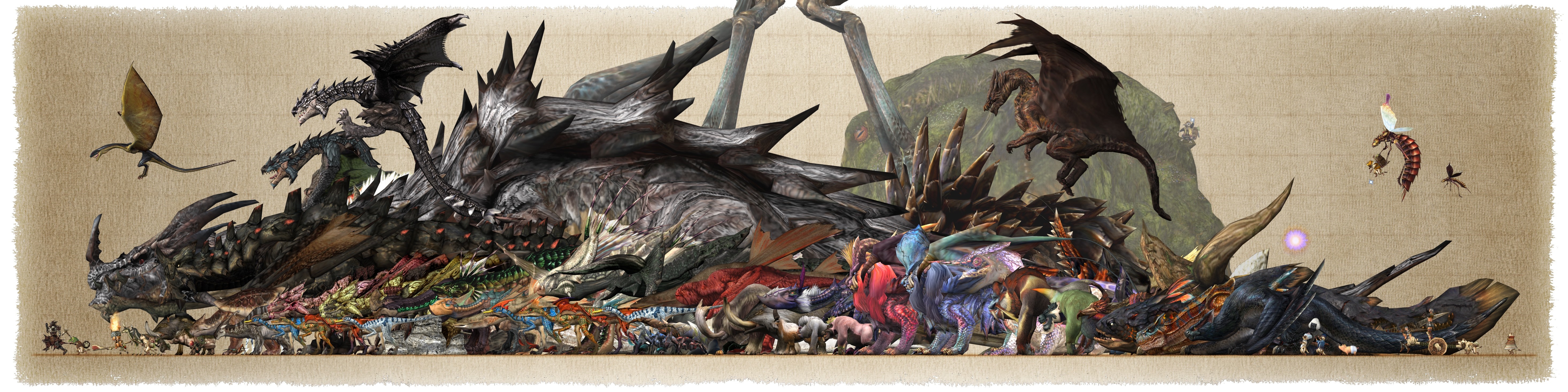 Monster Hunter creatures size comparison mural HD Wallpaper