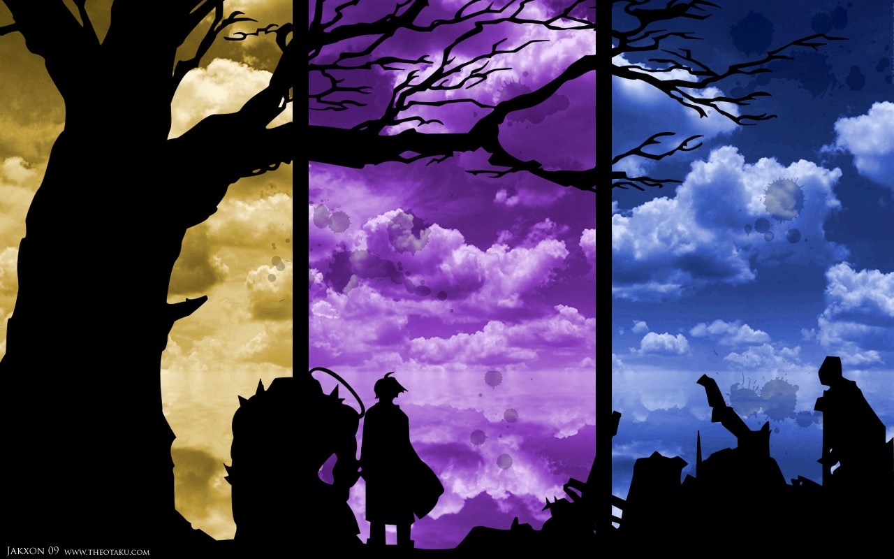 Silhouettes of characters from Fullmetal Alchemist against colorful skies HD Wallpaper