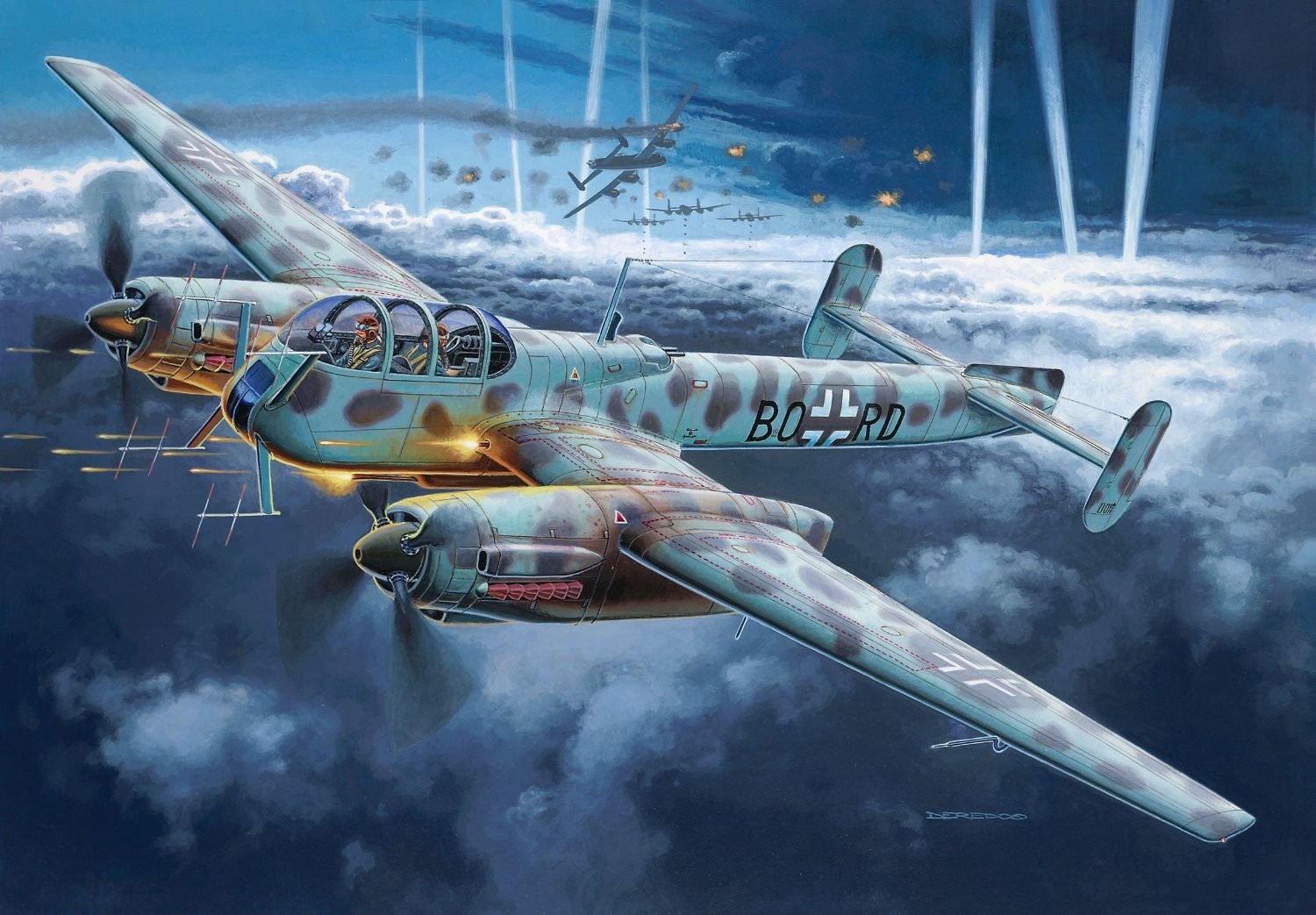 German twin-engine fighter aircraft in combat HD Wallpaper