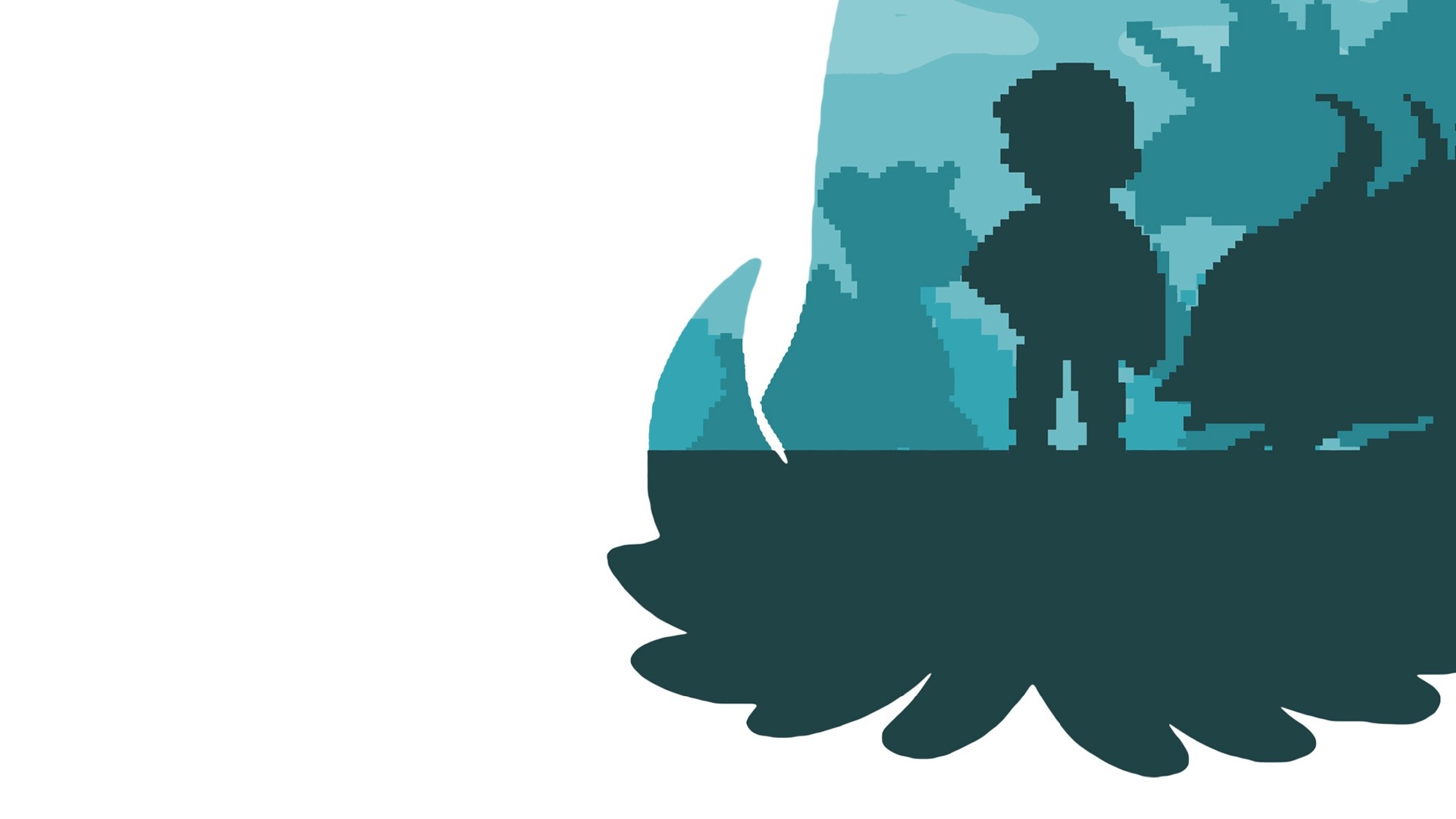 Silhouette of a boy and creatures in a pixelated landscape HD Wallpaper