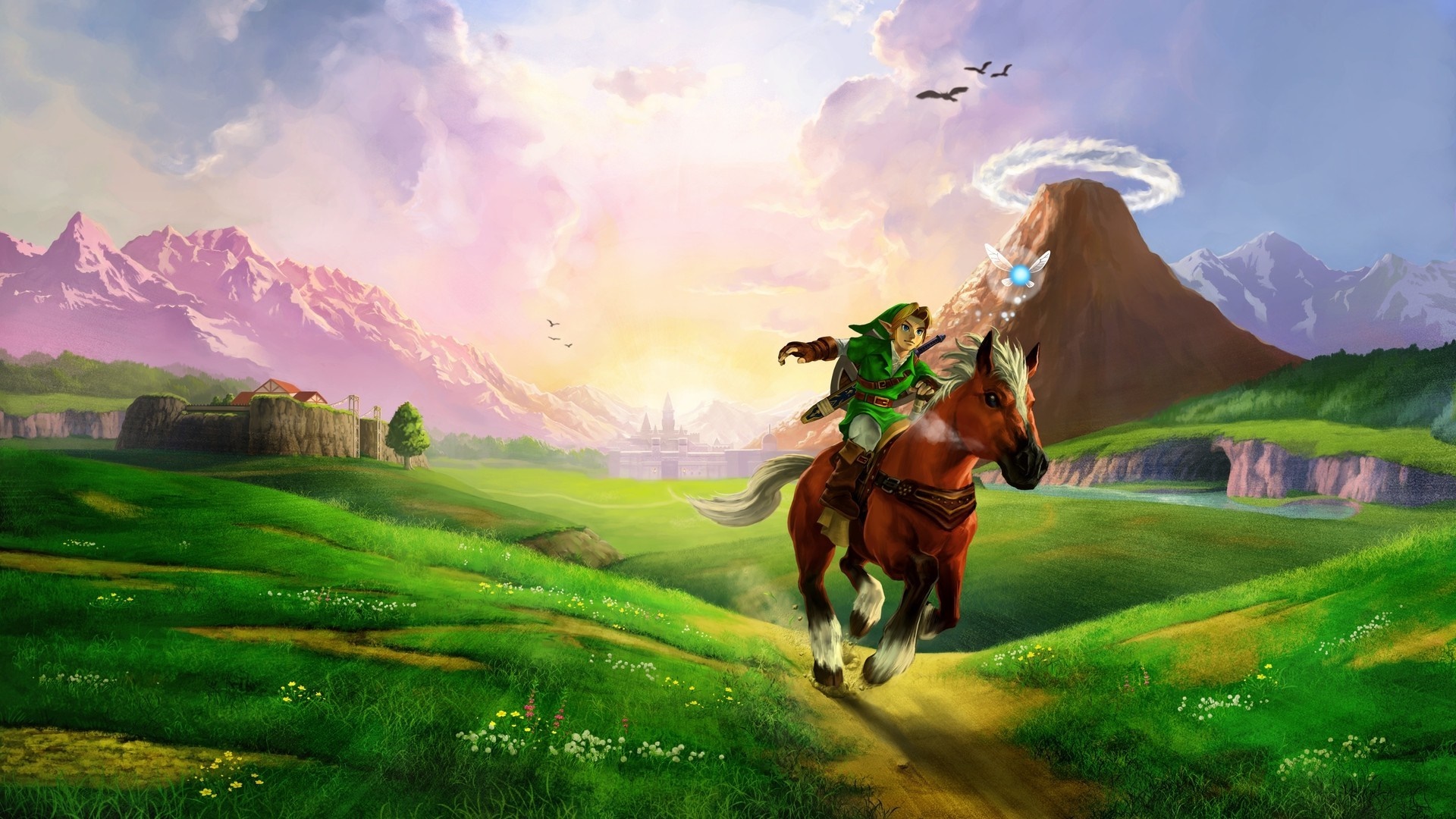 Link riding Epona through Hyrule Field from The Legend of Zelda HD Wallpaper