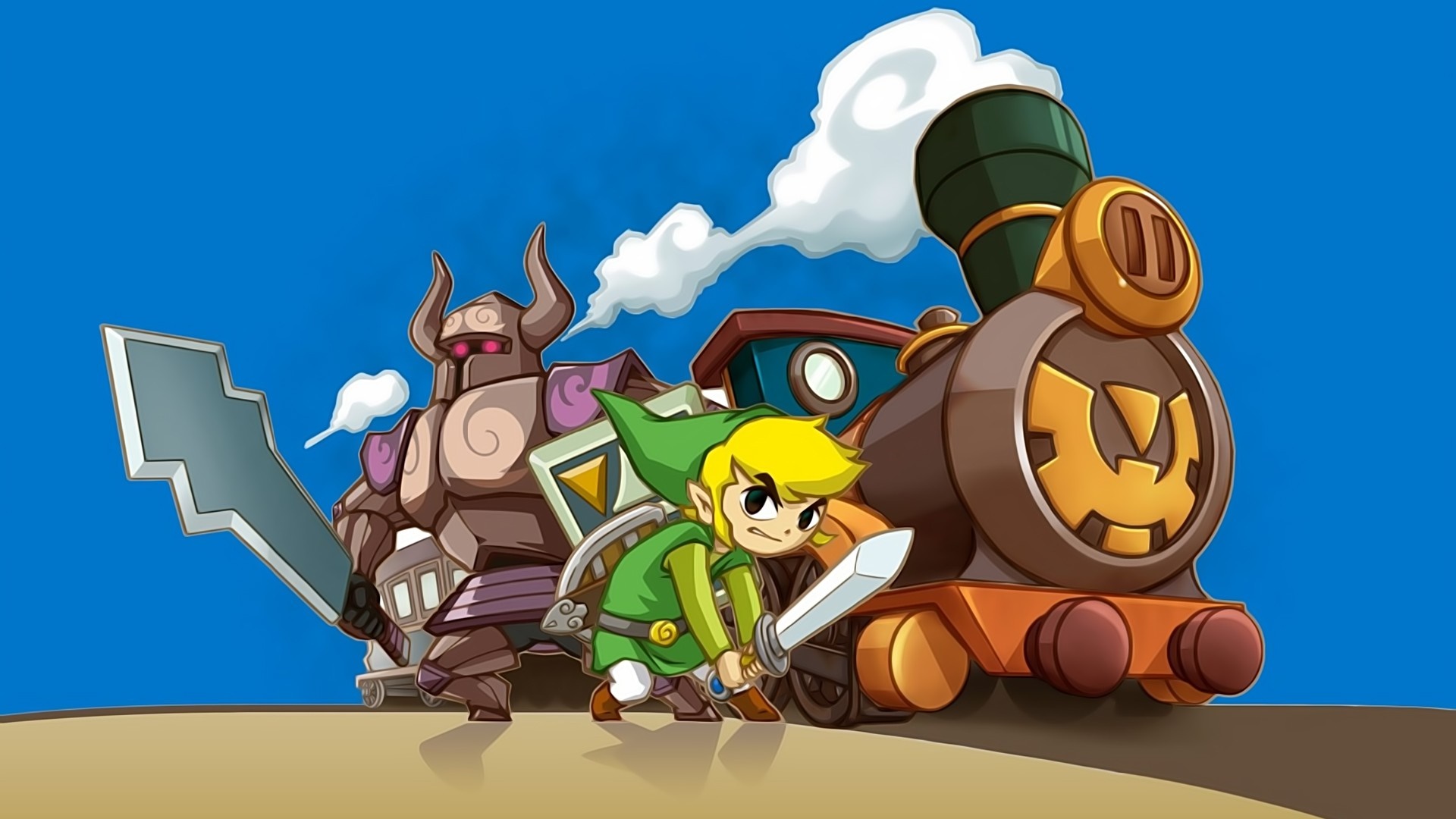 Link and a stone warrior with a train from The Legend of Zelda HD Wallpaper