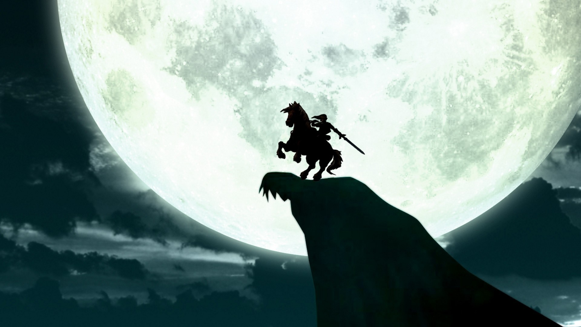 Link on horseback on a cliff under the moon HD Wallpaper