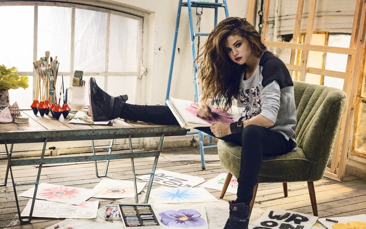 Selena Gomez in an art studio with drawings HD Wallpaper