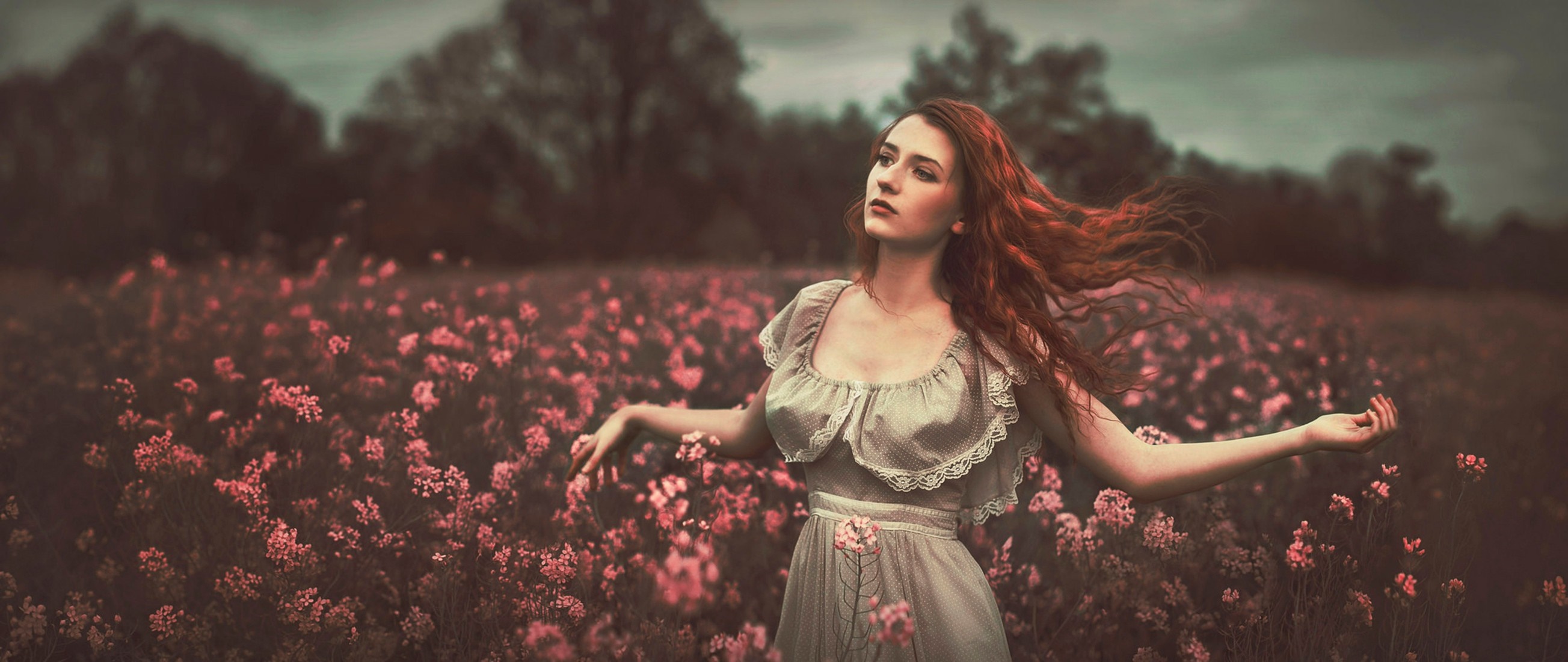 Redhead woman in a field of pink flowers HD Wallpaper