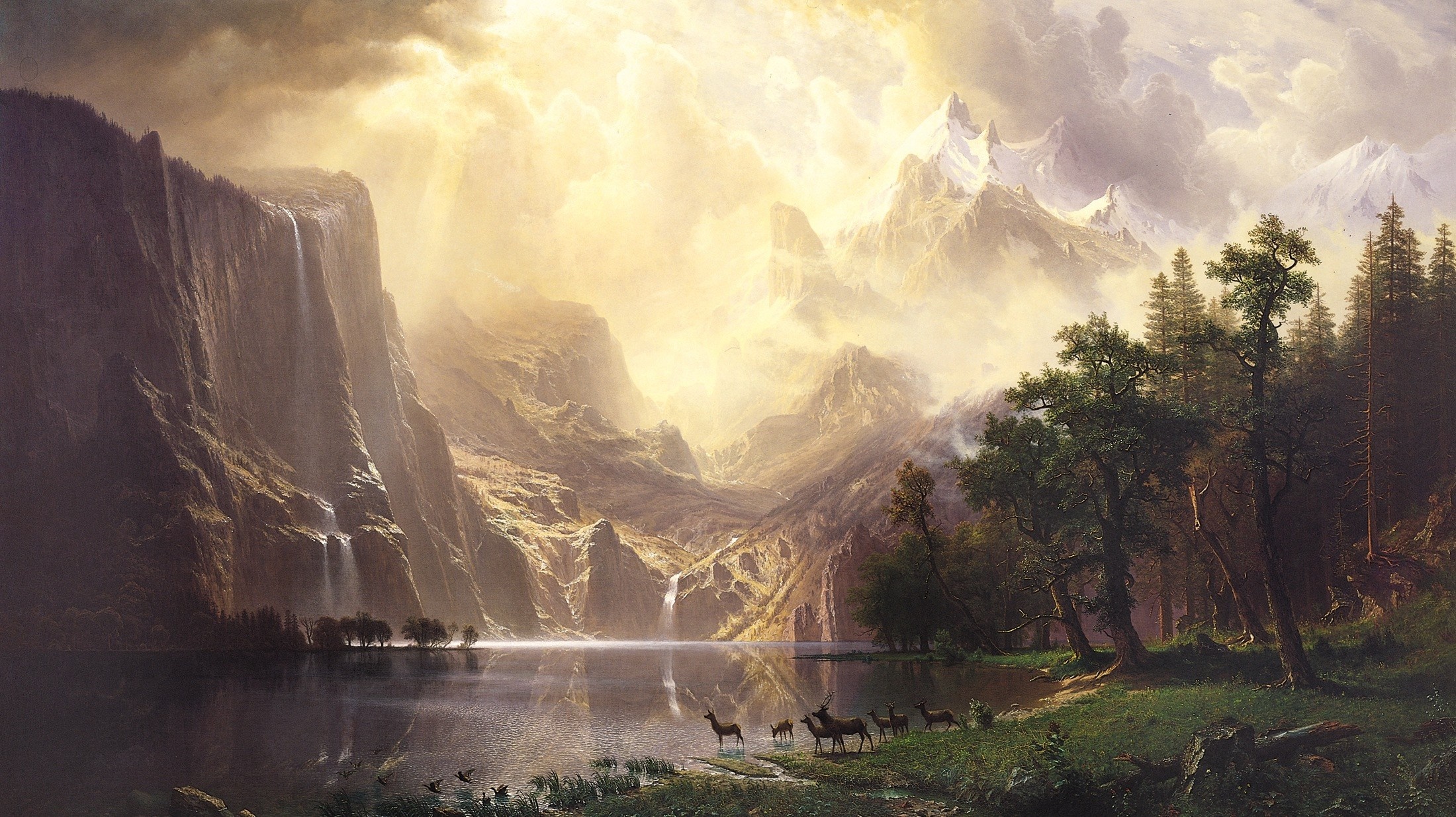 Majestic Mountain Landscape with Waterfalls and Deer HD Wallpaper
