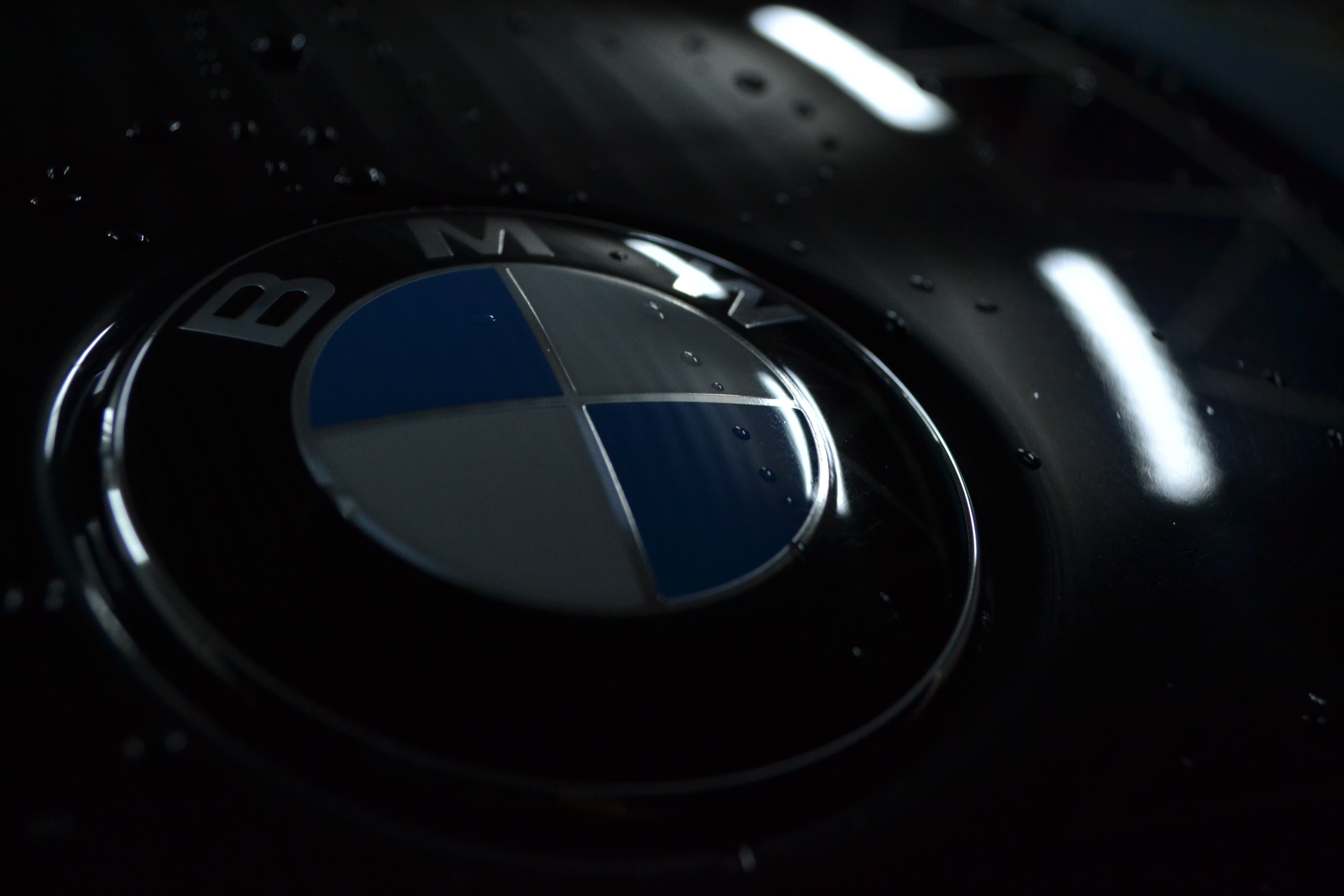 BMW logo on a dark car with water droplets HD Wallpaper