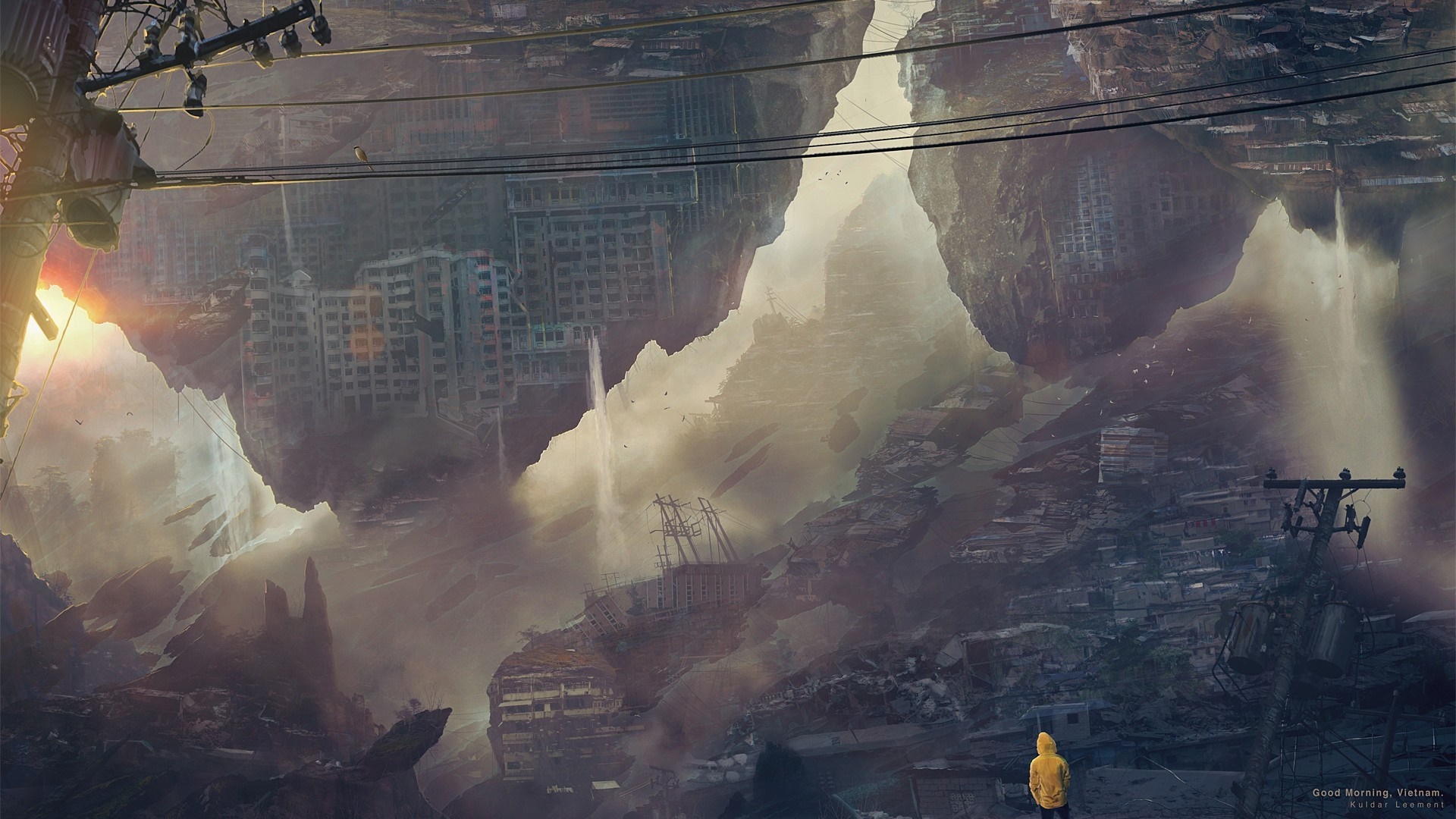 Floating islands with ruined cities and a person in yellow HD Wallpaper