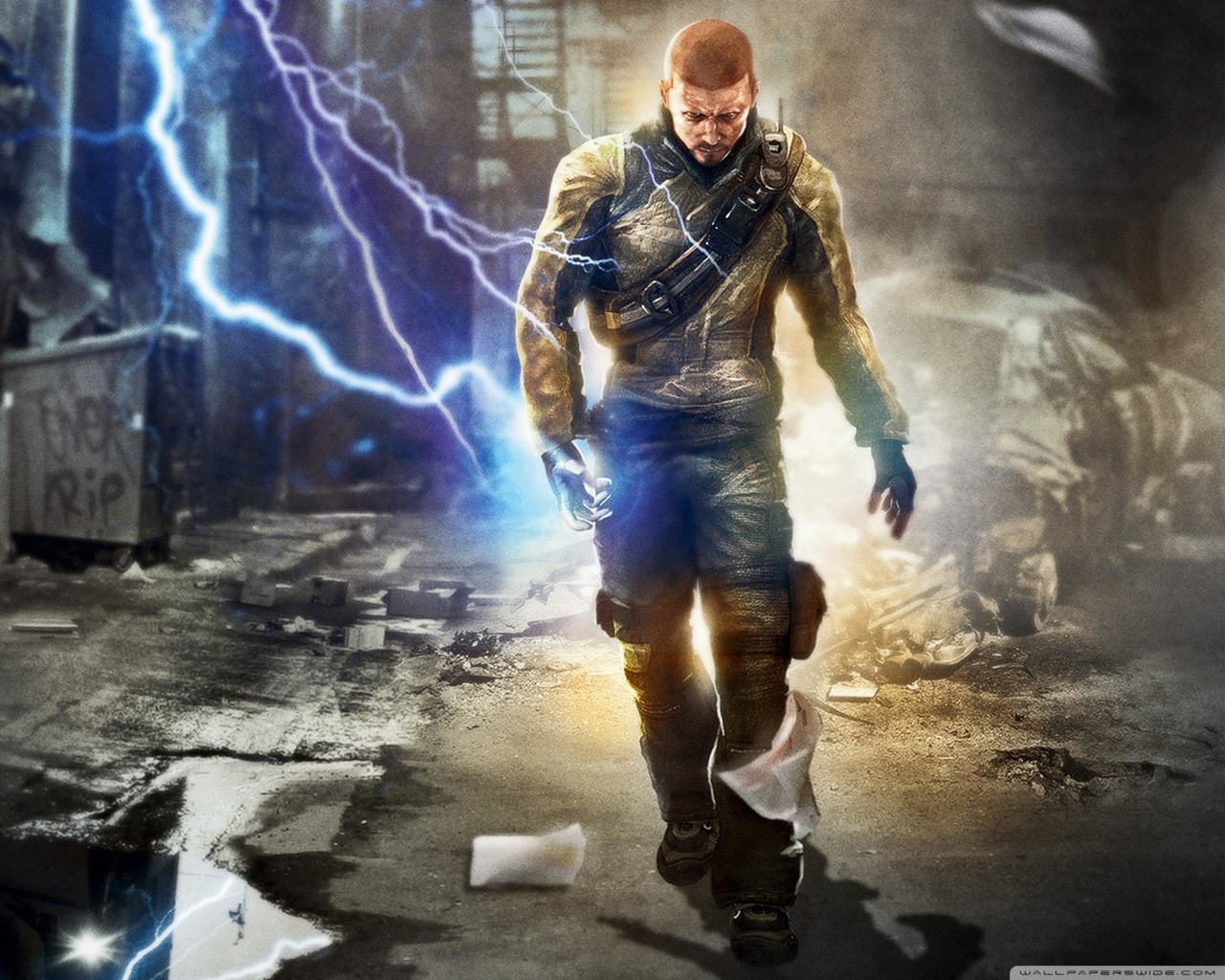Man with electrical powers in a destroyed city HD Wallpaper