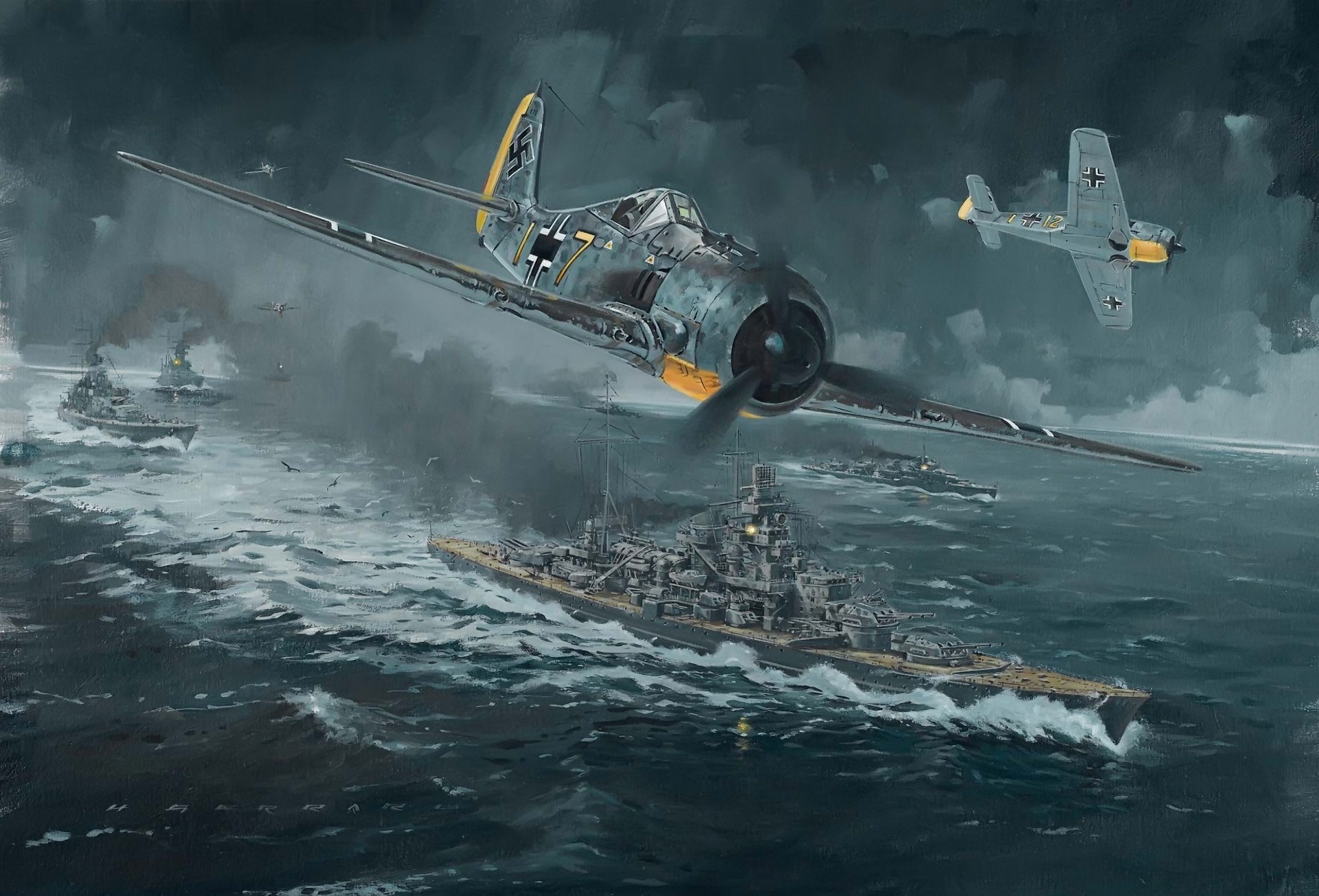 German Focke Wulf FW 190 aircraft over battleships HD Wallpaper