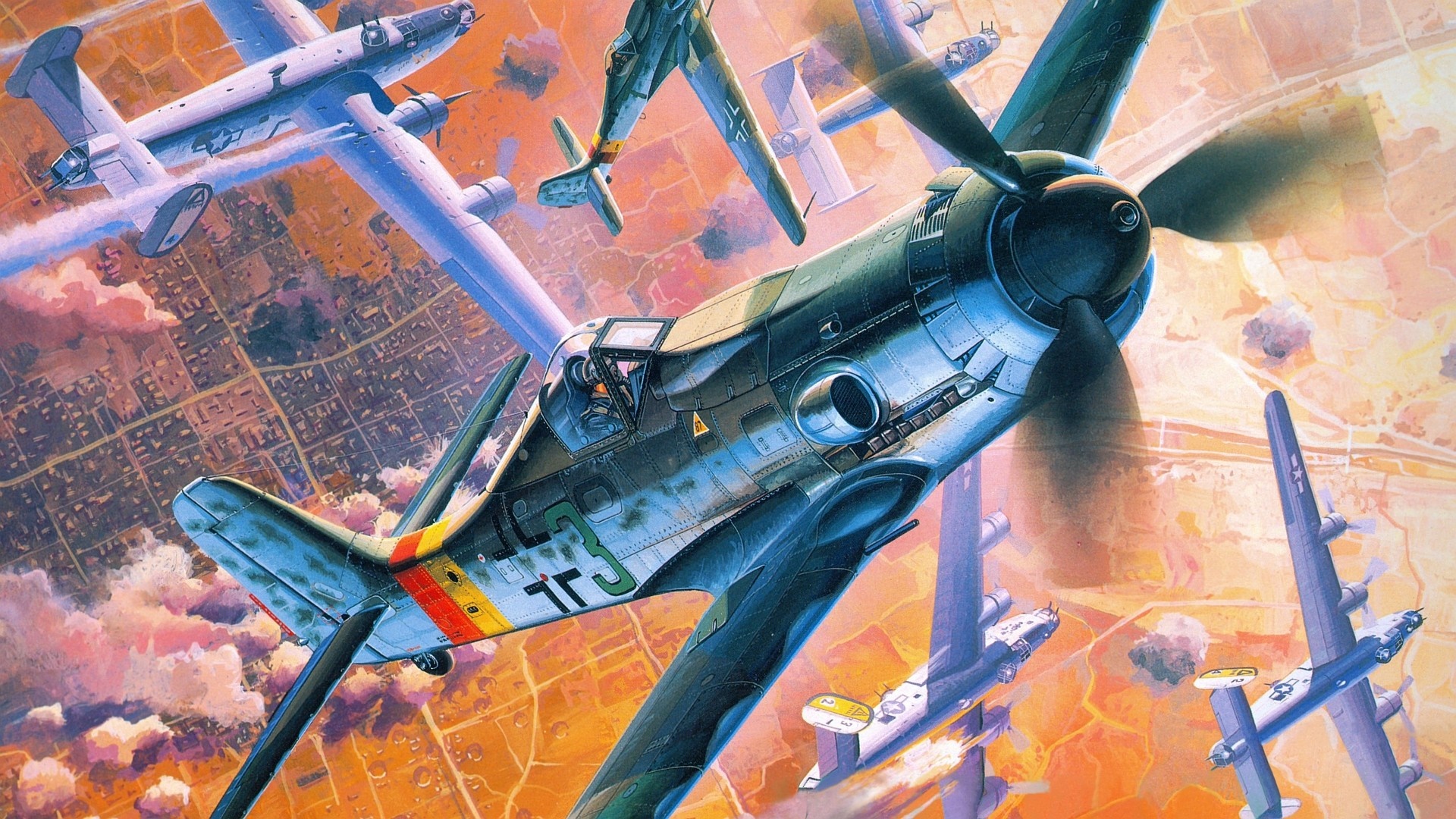 Focke-Wulf Fw 190 fighter aircraft in combat with bombers HD Wallpaper