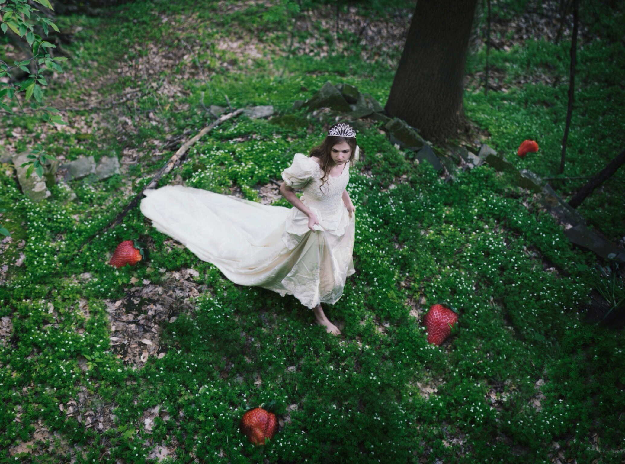 Woman in a white dress and tiara in a forest with giant strawberries HD Wallpaper