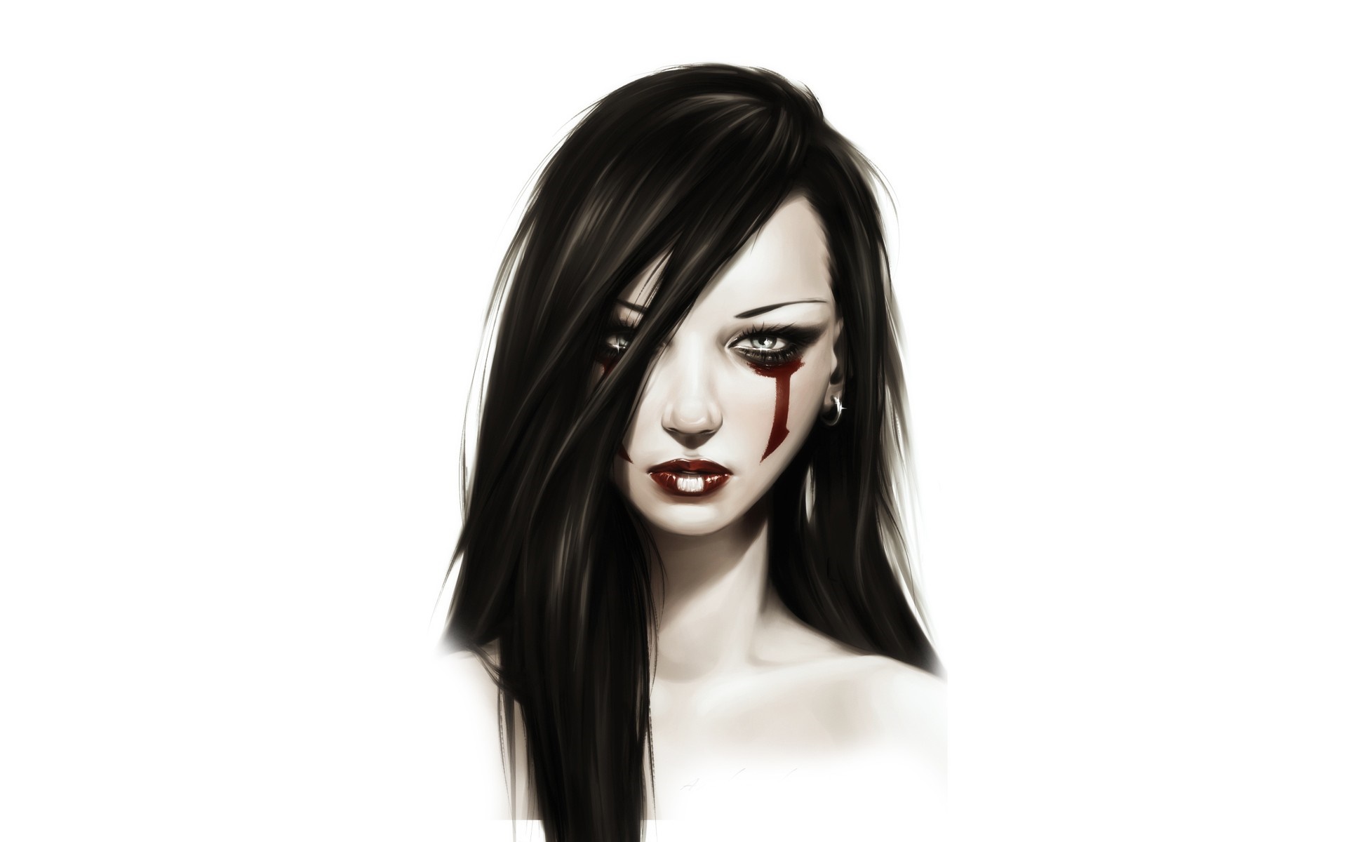 Artwork of a woman with black hair and bloody tears HD Wallpaper