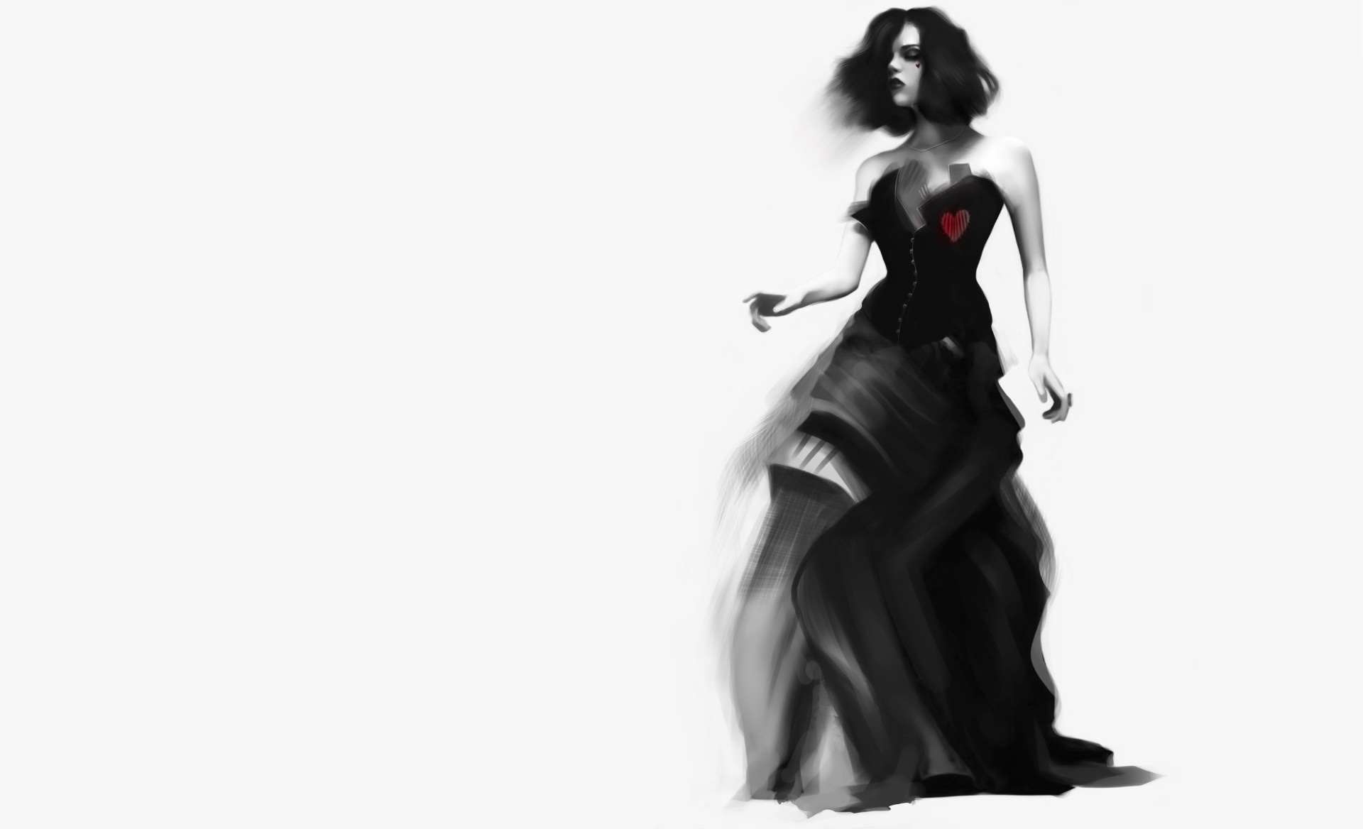 Artwork of a woman in a black gown with a red heart HD Wallpaper