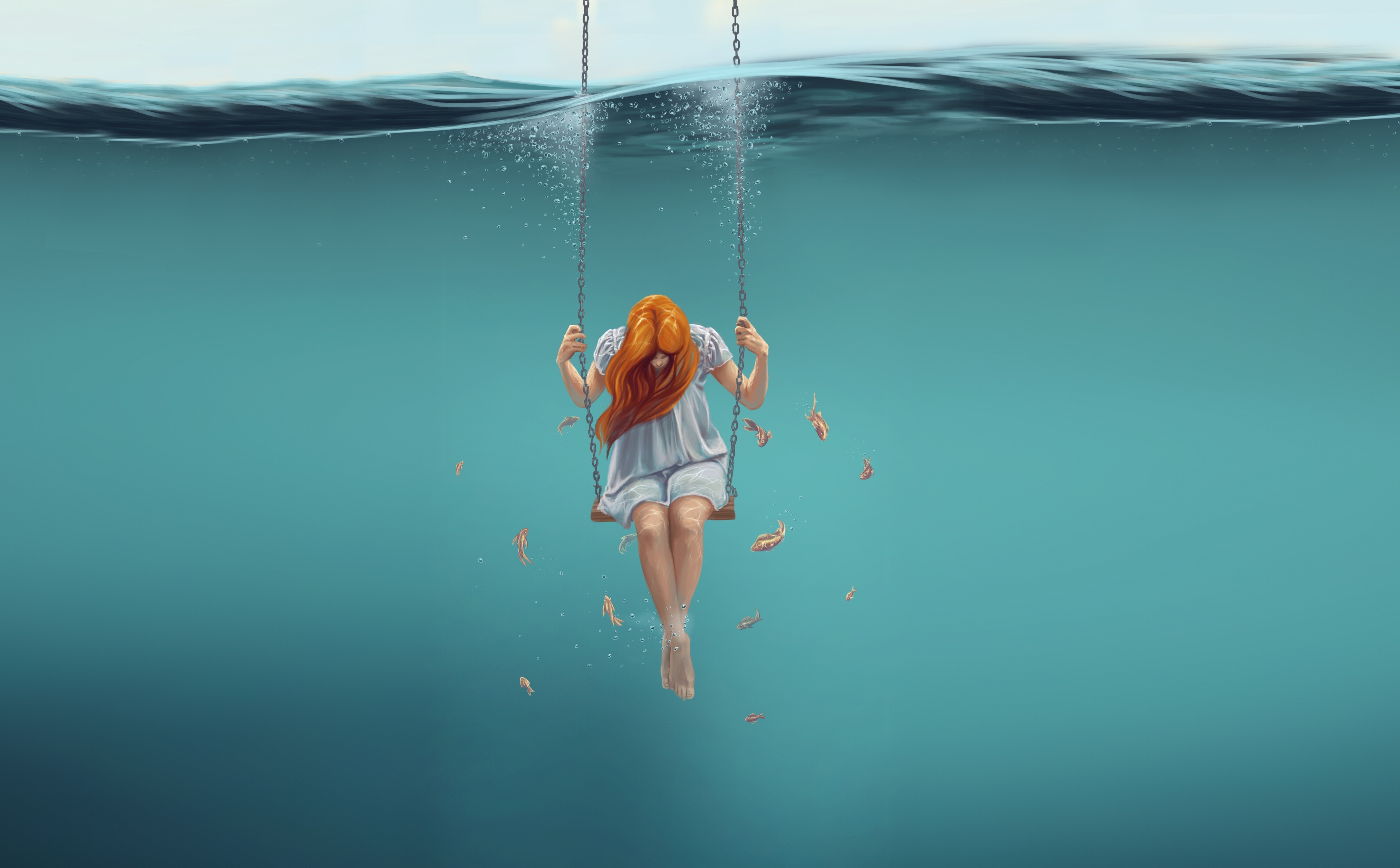 Redhead girl on a swing underwater with fish HD Wallpaper