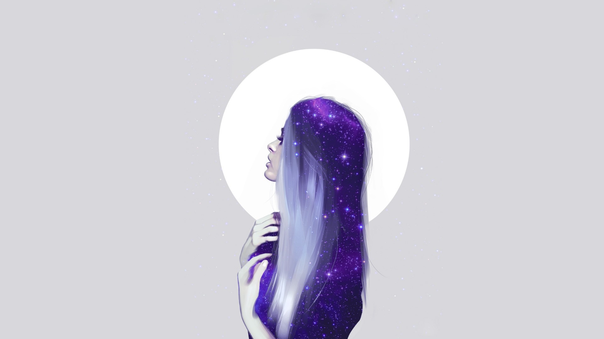 Woman with galaxy hair and white circle HD Wallpaper