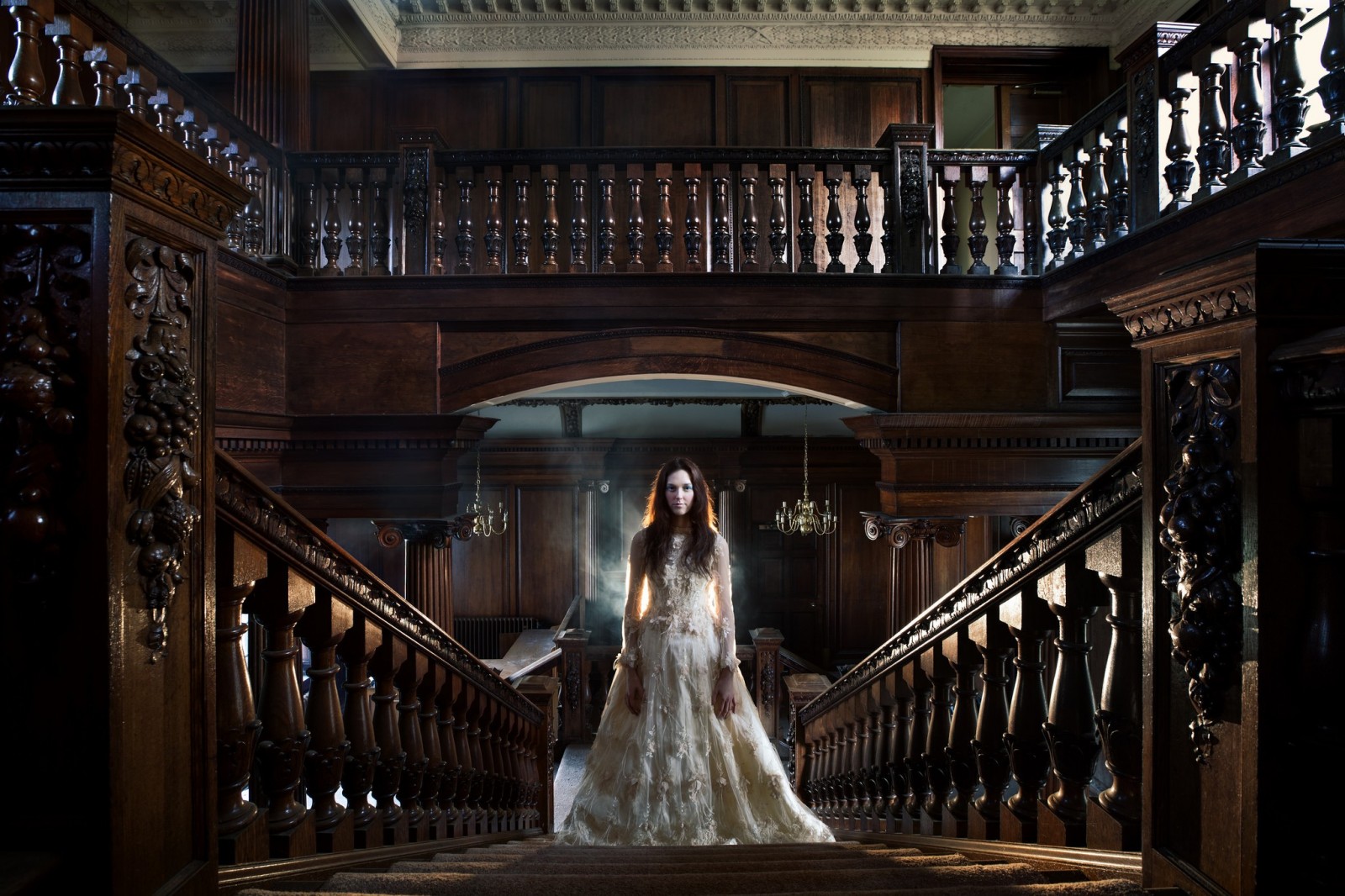 Woman in a white dress on a grand staircase HD Wallpaper