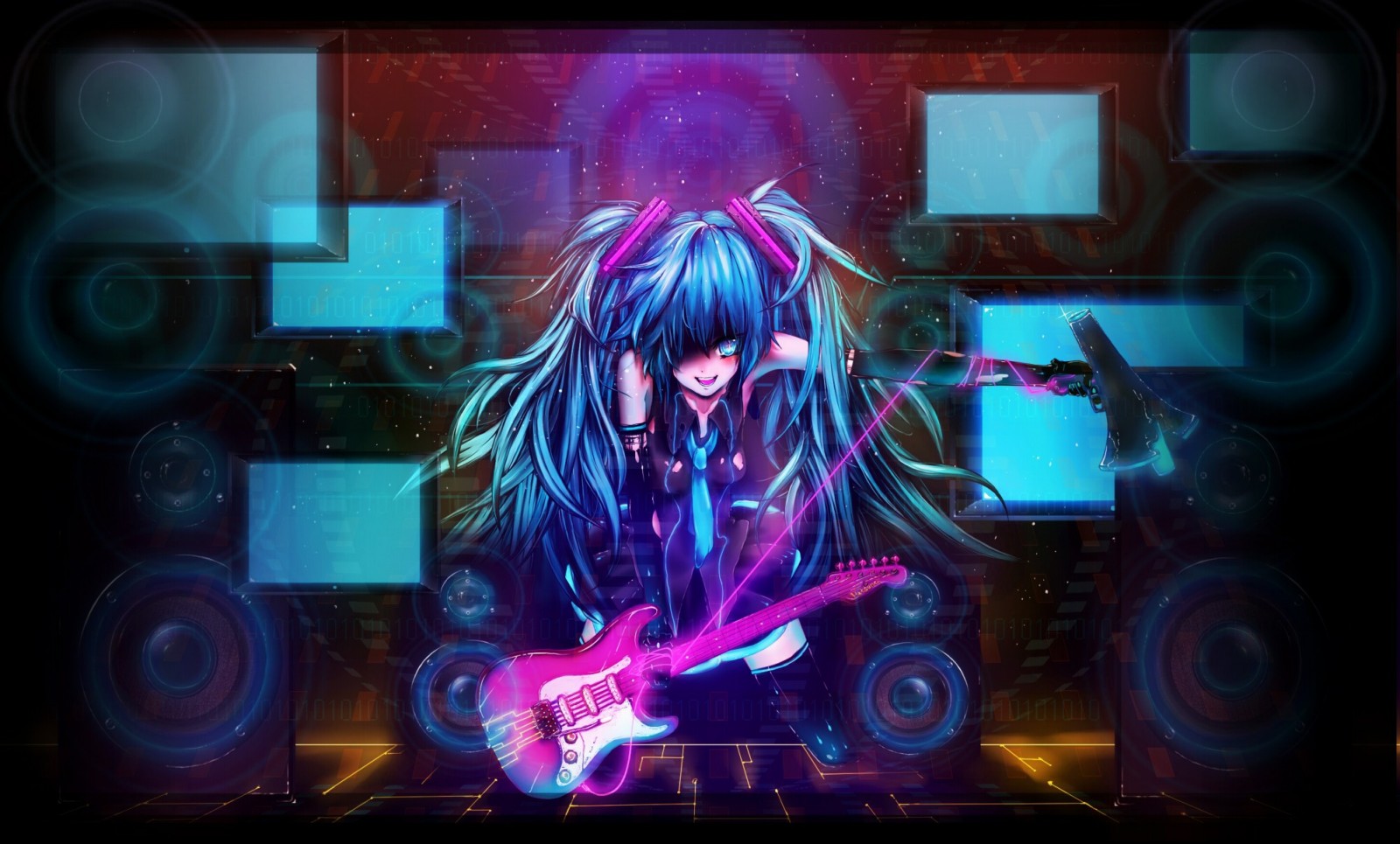 Hatsune Miku with a pink guitar on stage HD Wallpaper