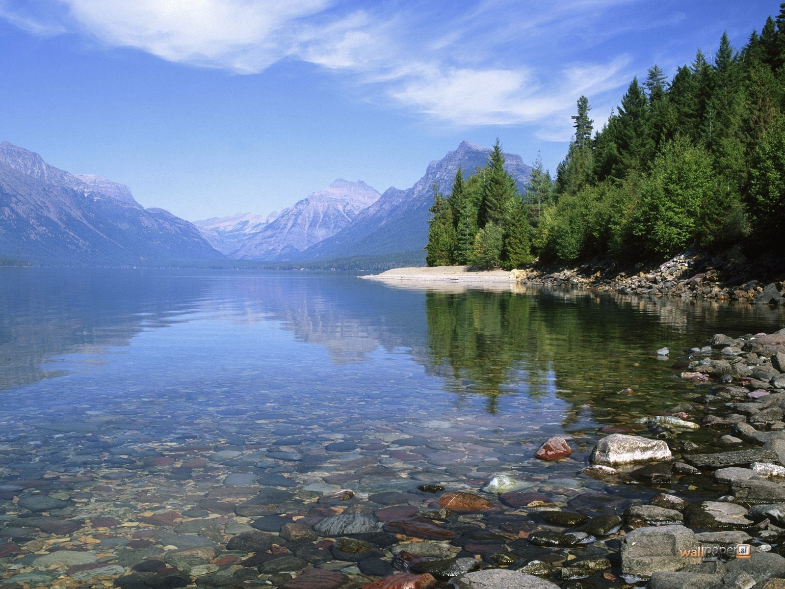Lake and mountains with pine forest and rocky shore HD Wallpaper