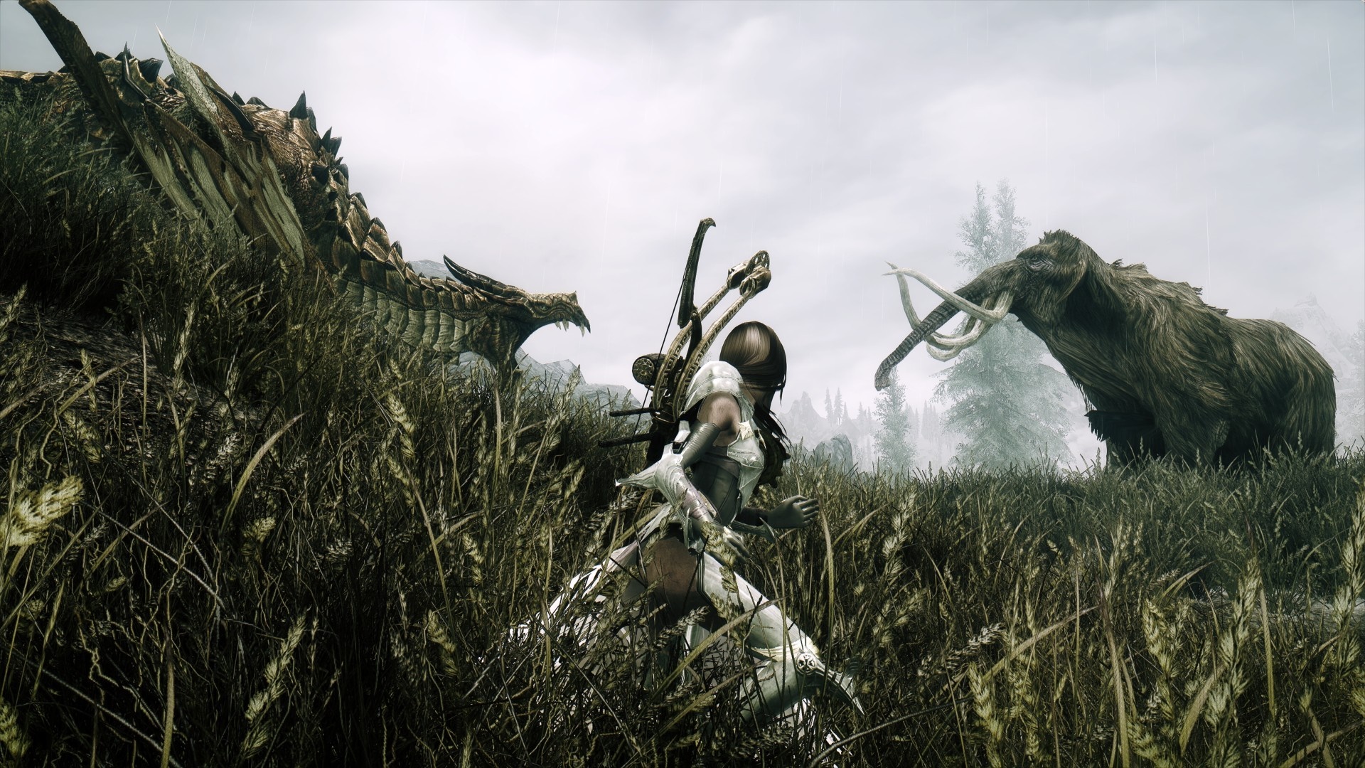 Dragonborn fighting a dragon and a mammoth in Skyrim HD Wallpaper