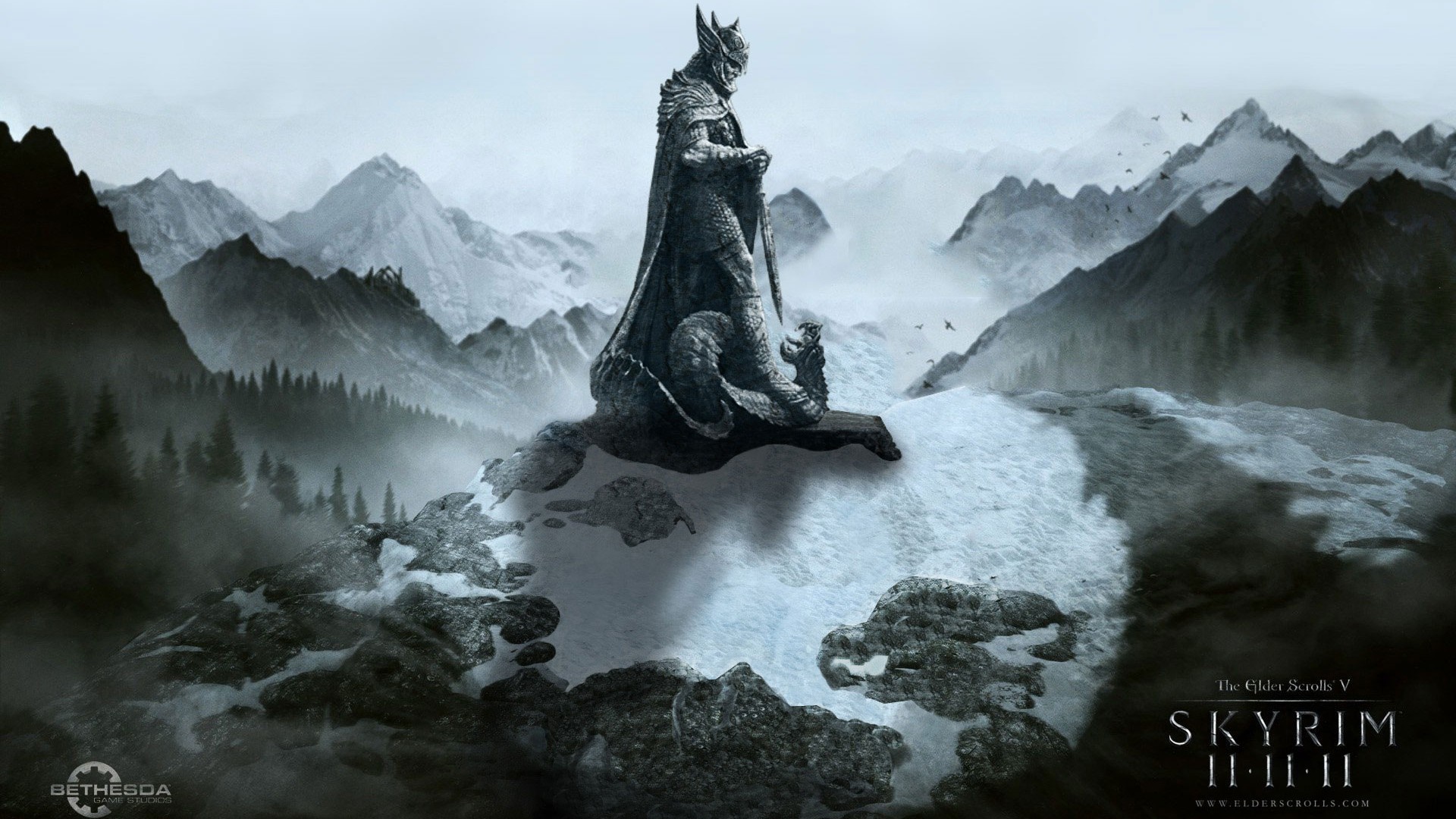 The Elder Scrolls V Skyrim statue in mountains HD Wallpaper