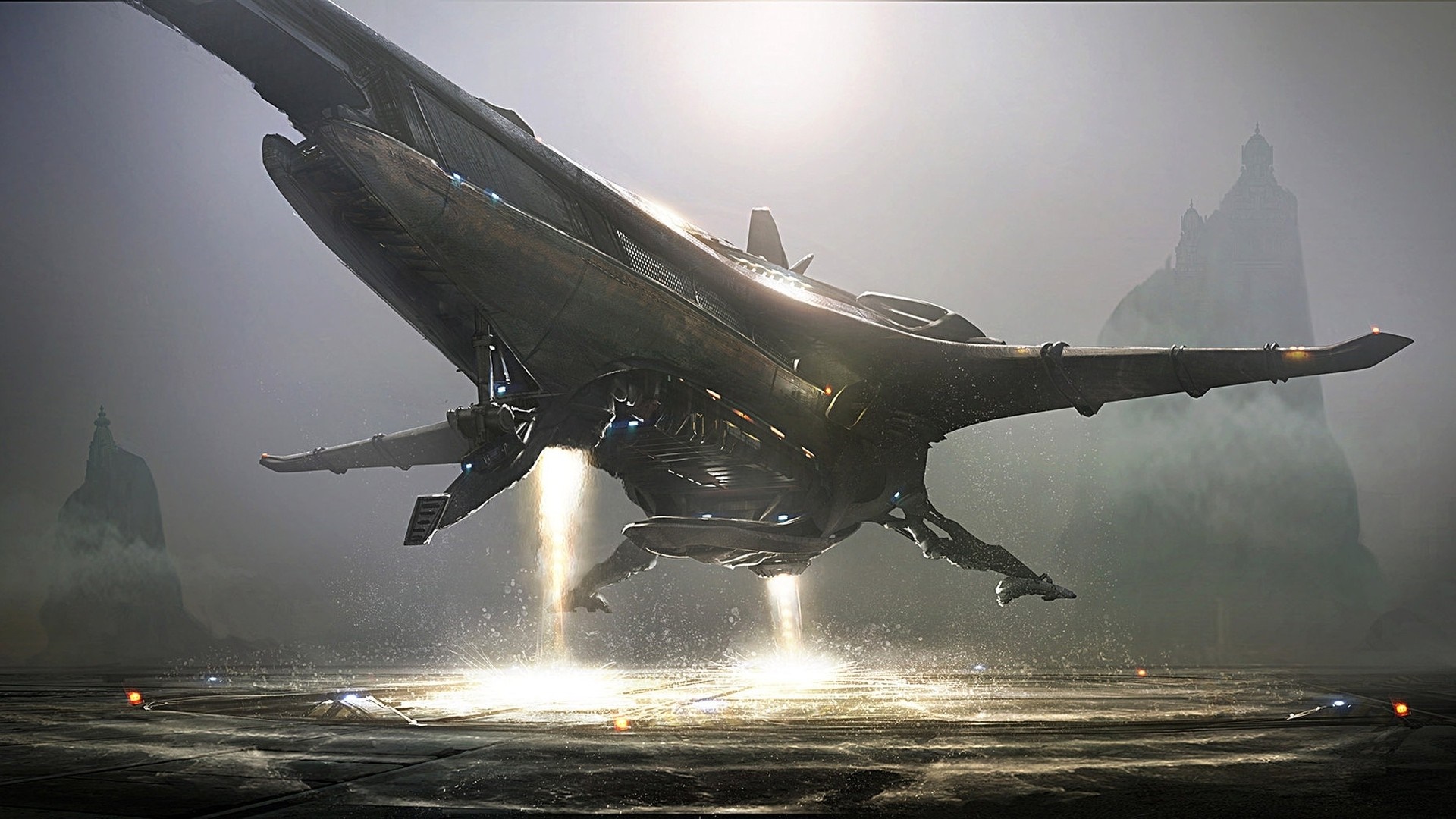 Banu Merchantman spaceship landing on a platform HD Wallpaper