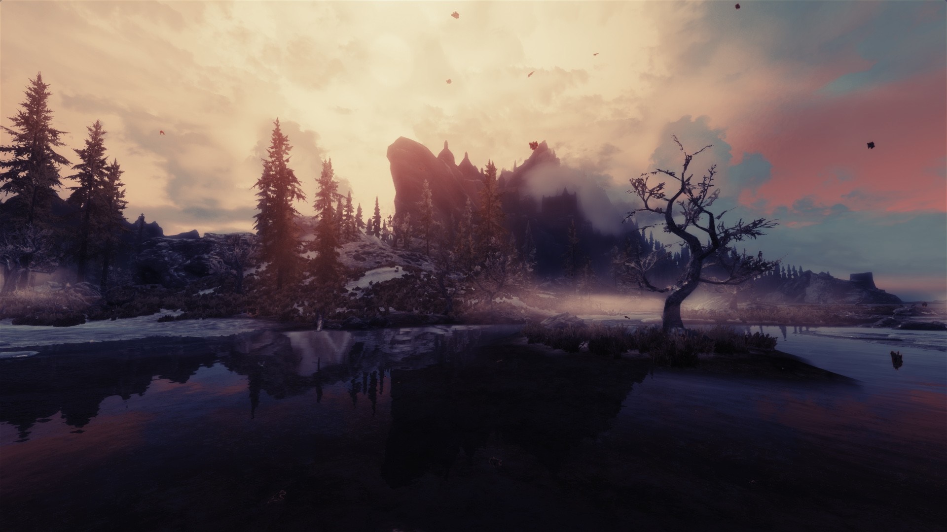 The Elder Scrolls V Skyrim landscape at sunset HD Wallpaper