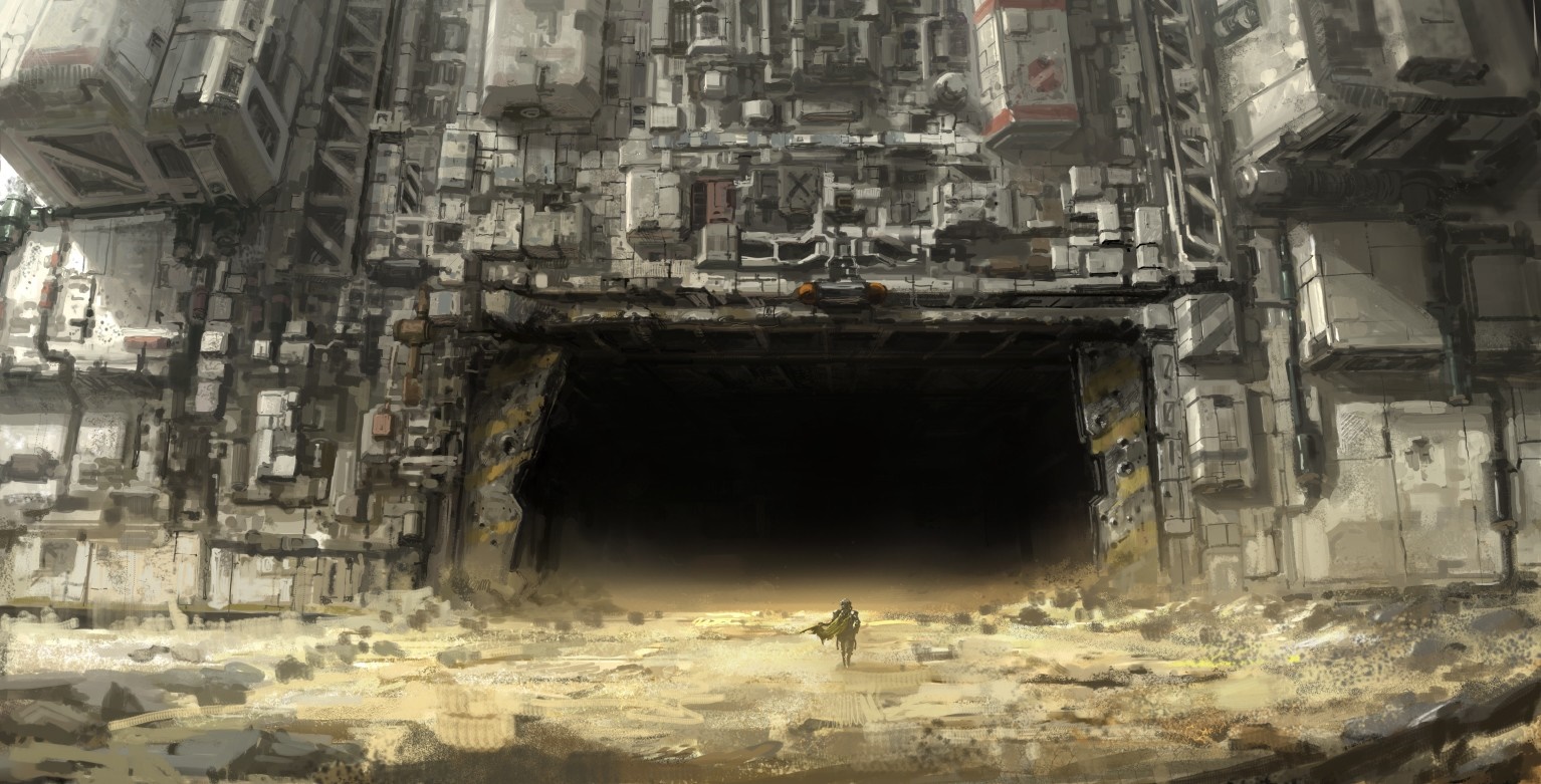 A lone figure approaches a massive, derelict structure HD Wallpaper