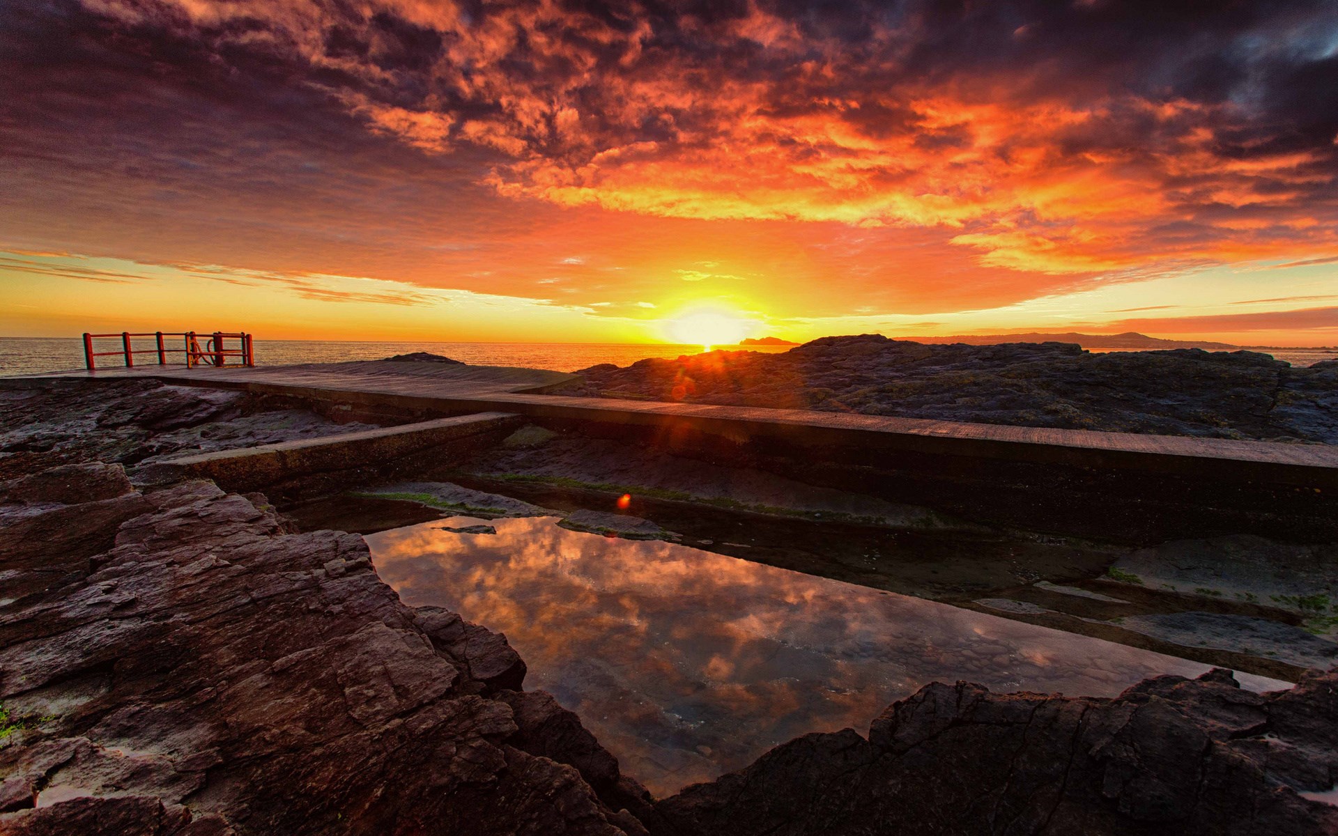 Sunset over rocky coastline with tidal pool HD Wallpaper