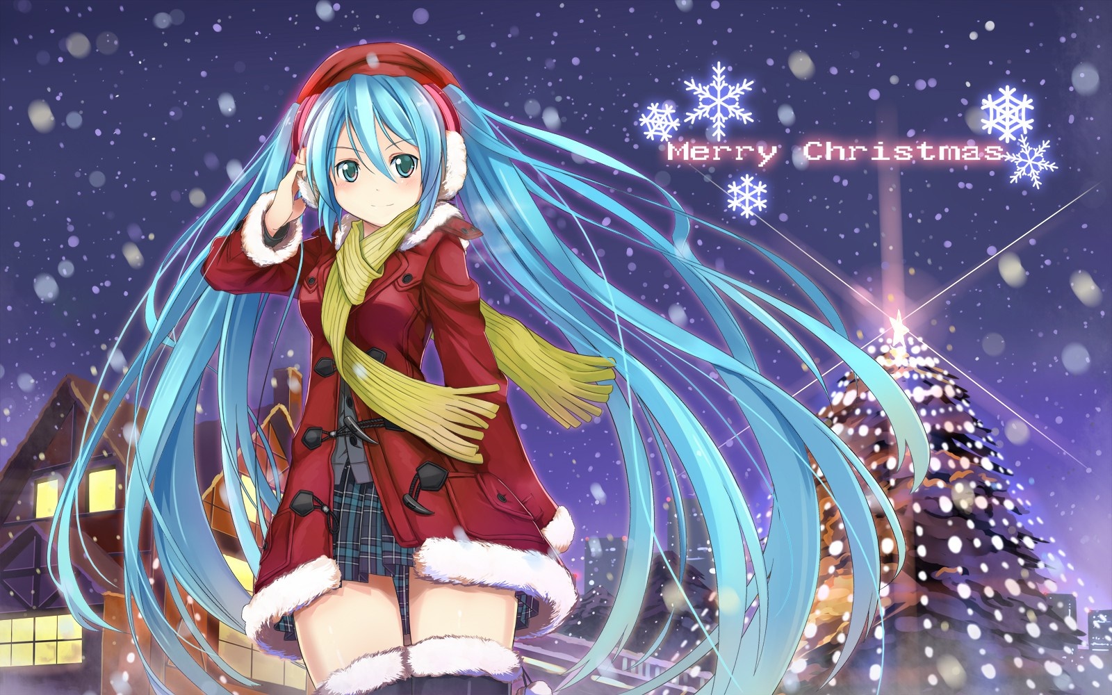 Hatsune Miku in Christmas Outfit with Snowfall HD Wallpaper