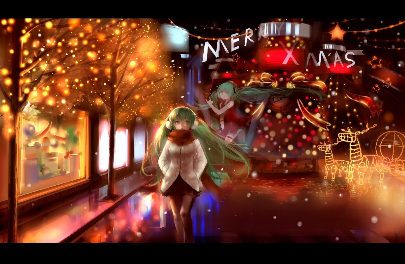 Hatsune Miku and another Miku on a Christmas street HD Wallpaper