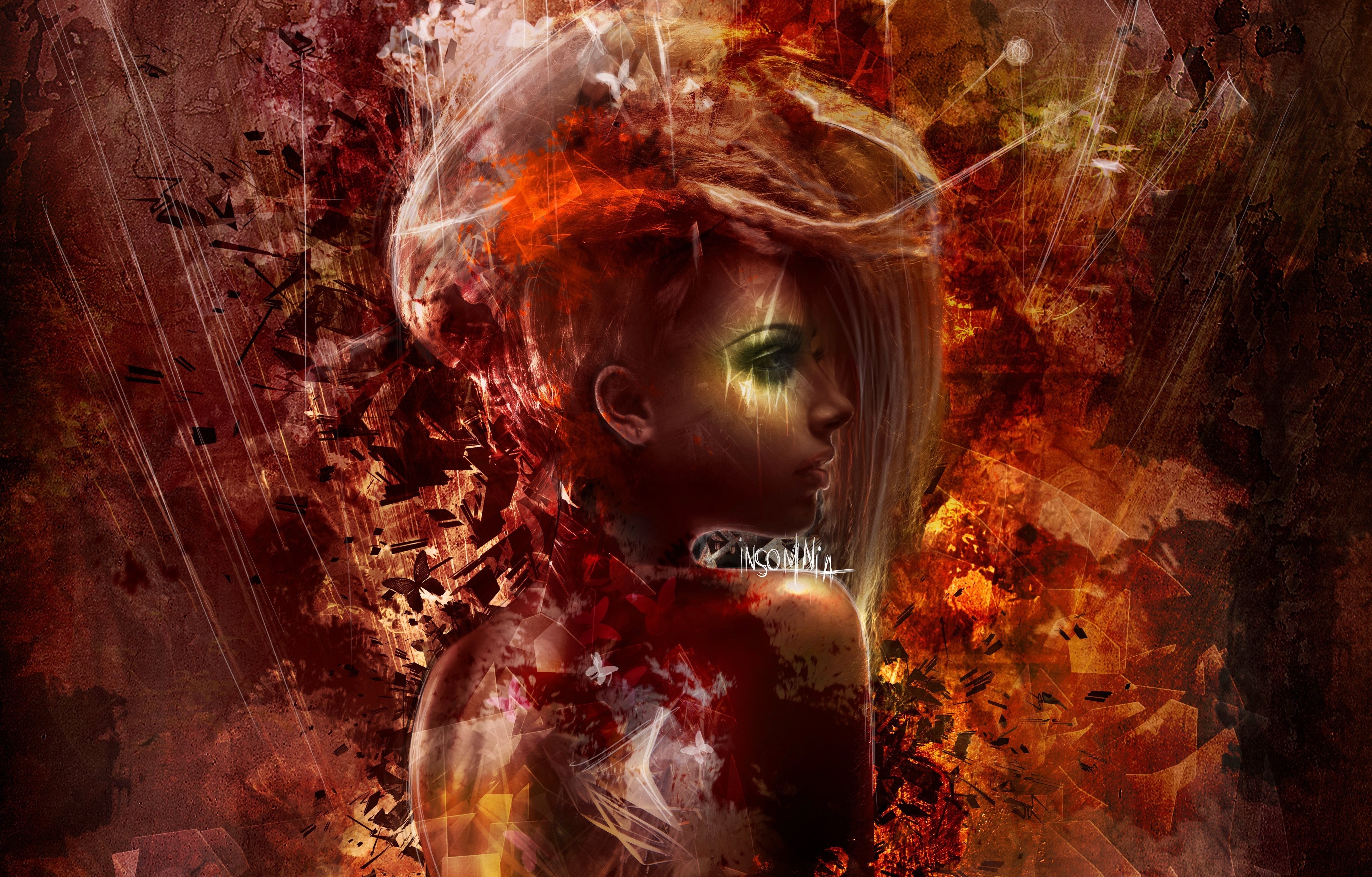Artwork of a woman with fiery hair and makeup HD Wallpaper