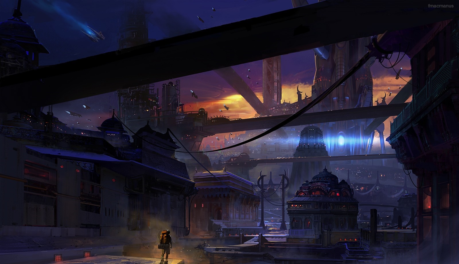 Science fiction cityscape at dusk with flying vehicles HD Wallpaper