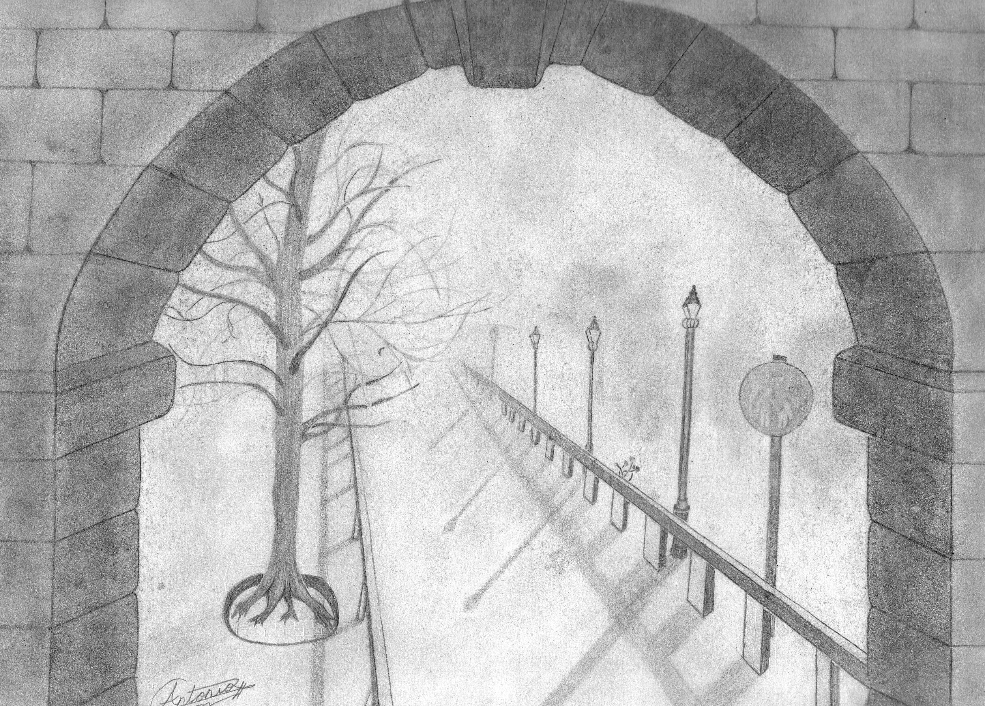 Pencil drawing of a bare tree and lampposts through an archway HD Wallpaper