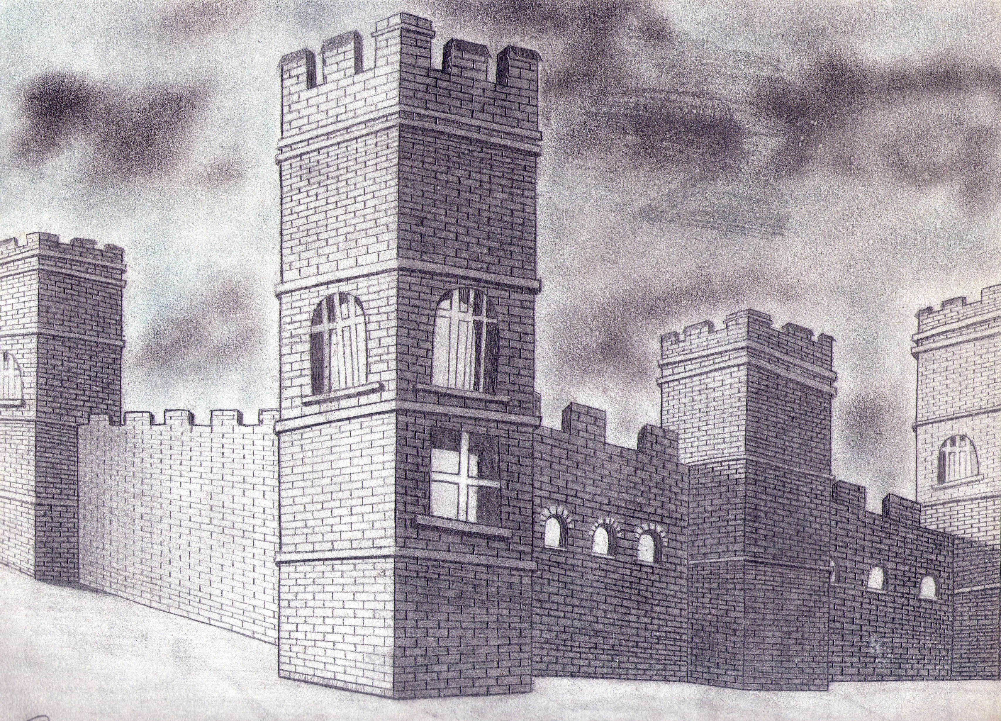 Pencil drawing of a brick castle with towers and battlements HD Wallpaper